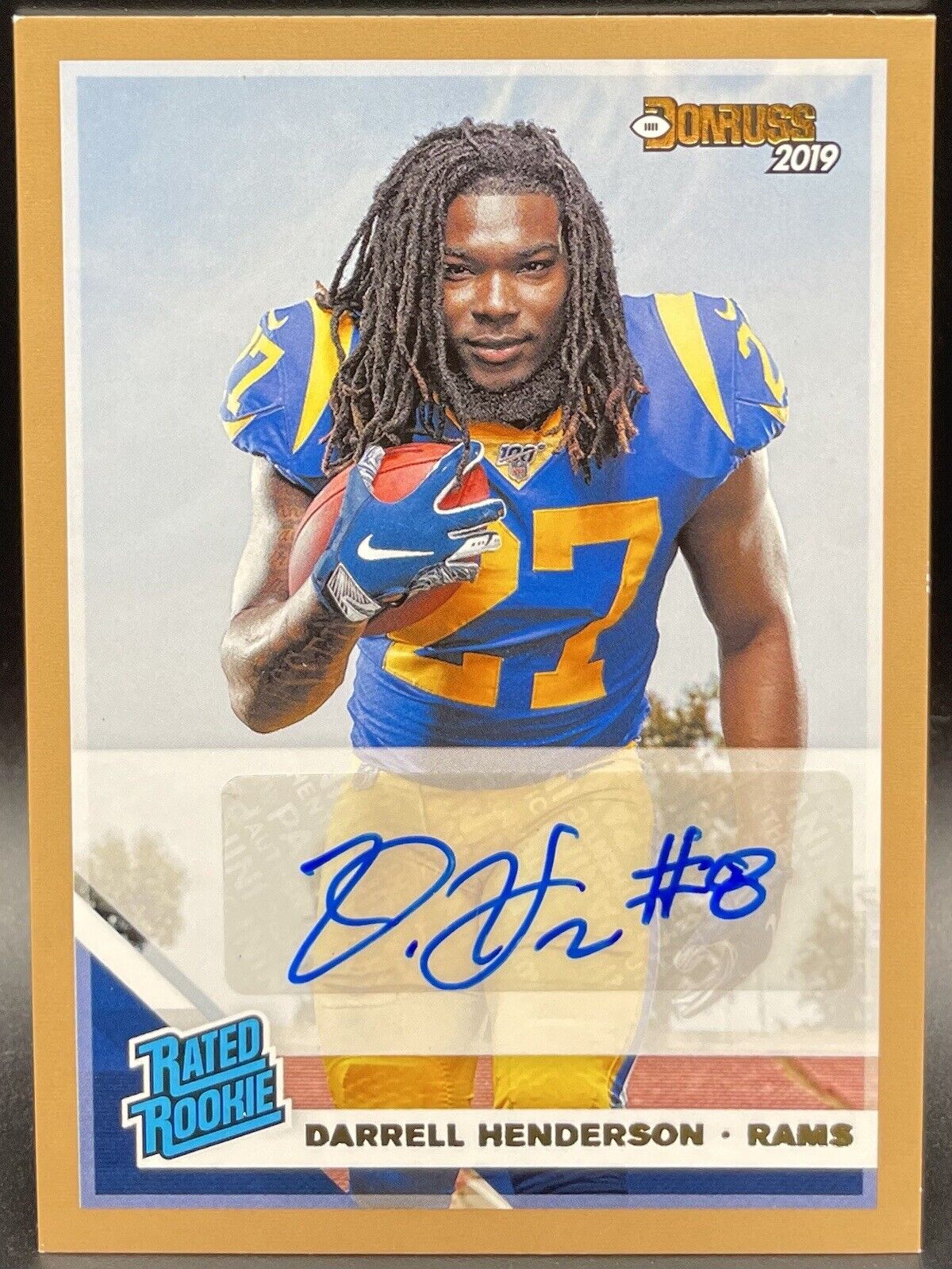 Darrell Henderson 2019 Panini Donruss #310 Gold Auto, RC , Los Angeles Rams