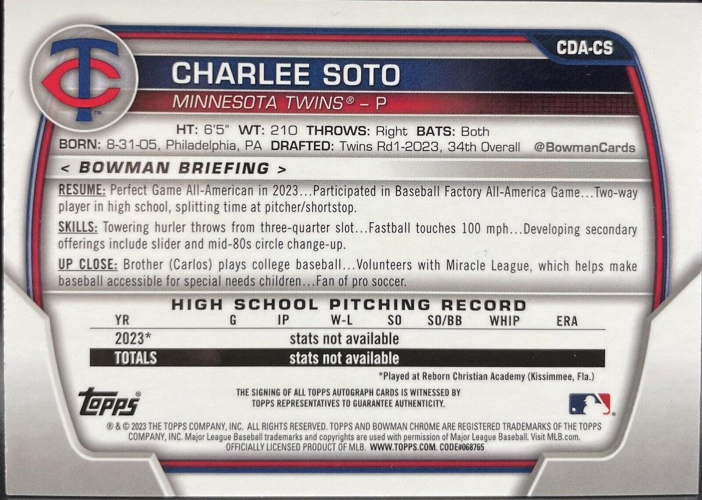 2023 Topps Charlee  Soto  1st Bowman Chrome #CDA-CS AUTO / RC  Minnesota Twins🔥