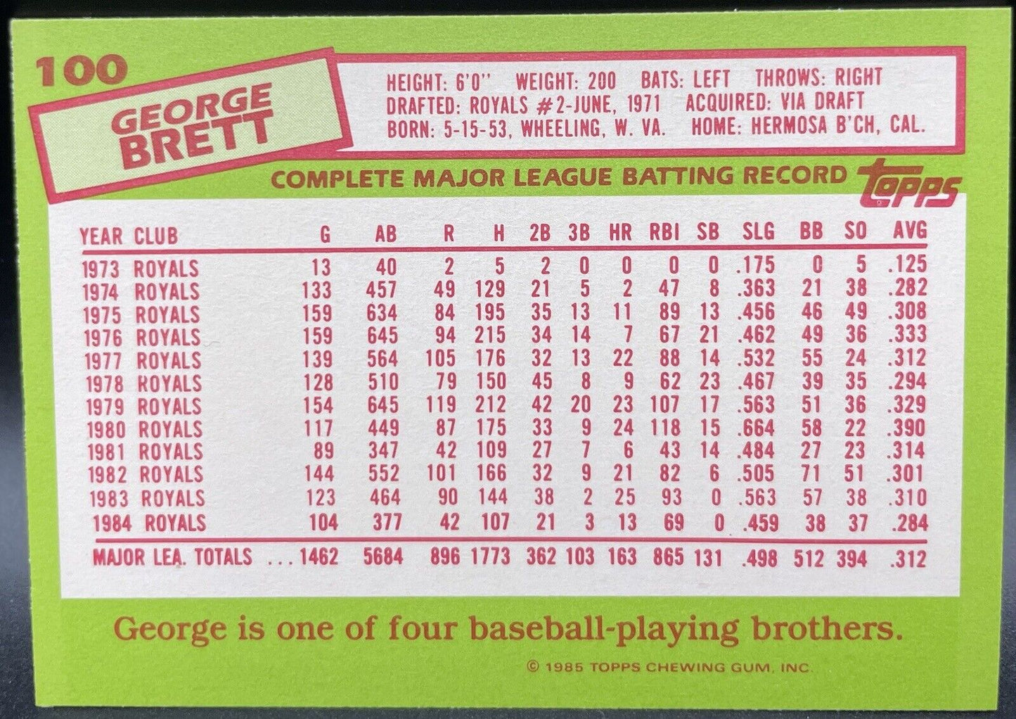 George Brett  1985 Topps (Tiffany)  #100  Kansas City Royals 