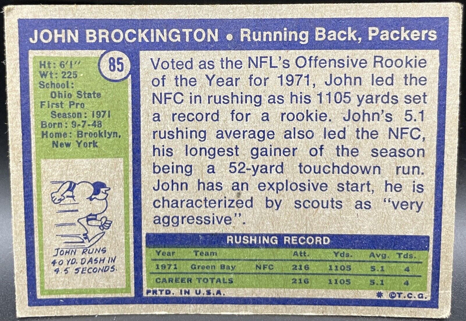 John Brockington 1972 Topps #85 Rookie Card Green Bay Packers Running Back HOF