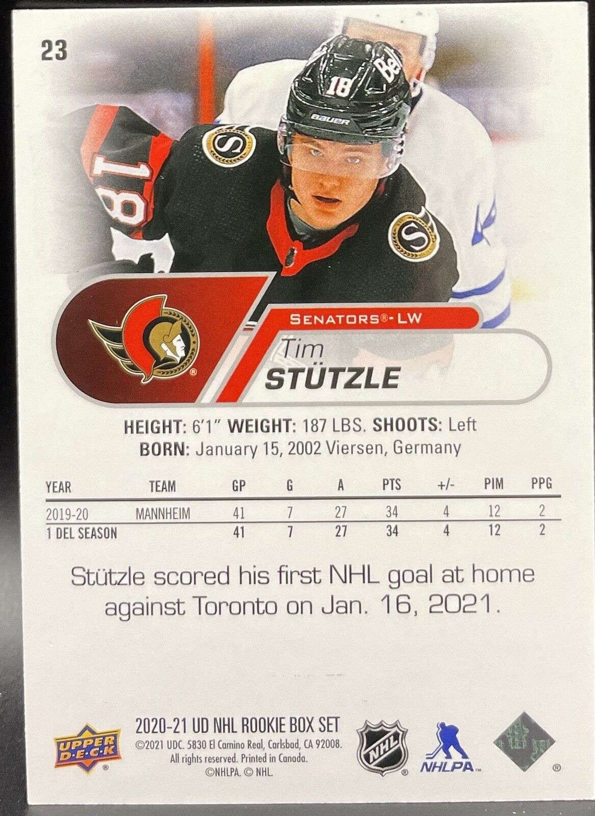 Tim Stutzle 2020-21 Upper Deck Rookie #23 RC Ottawa  Senators JA