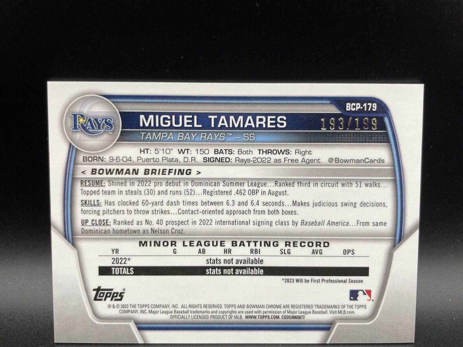 Miguel Tamares 2023 Topps Bowman #BCP-179 Chrome Pink Shimmer /199 RAYS