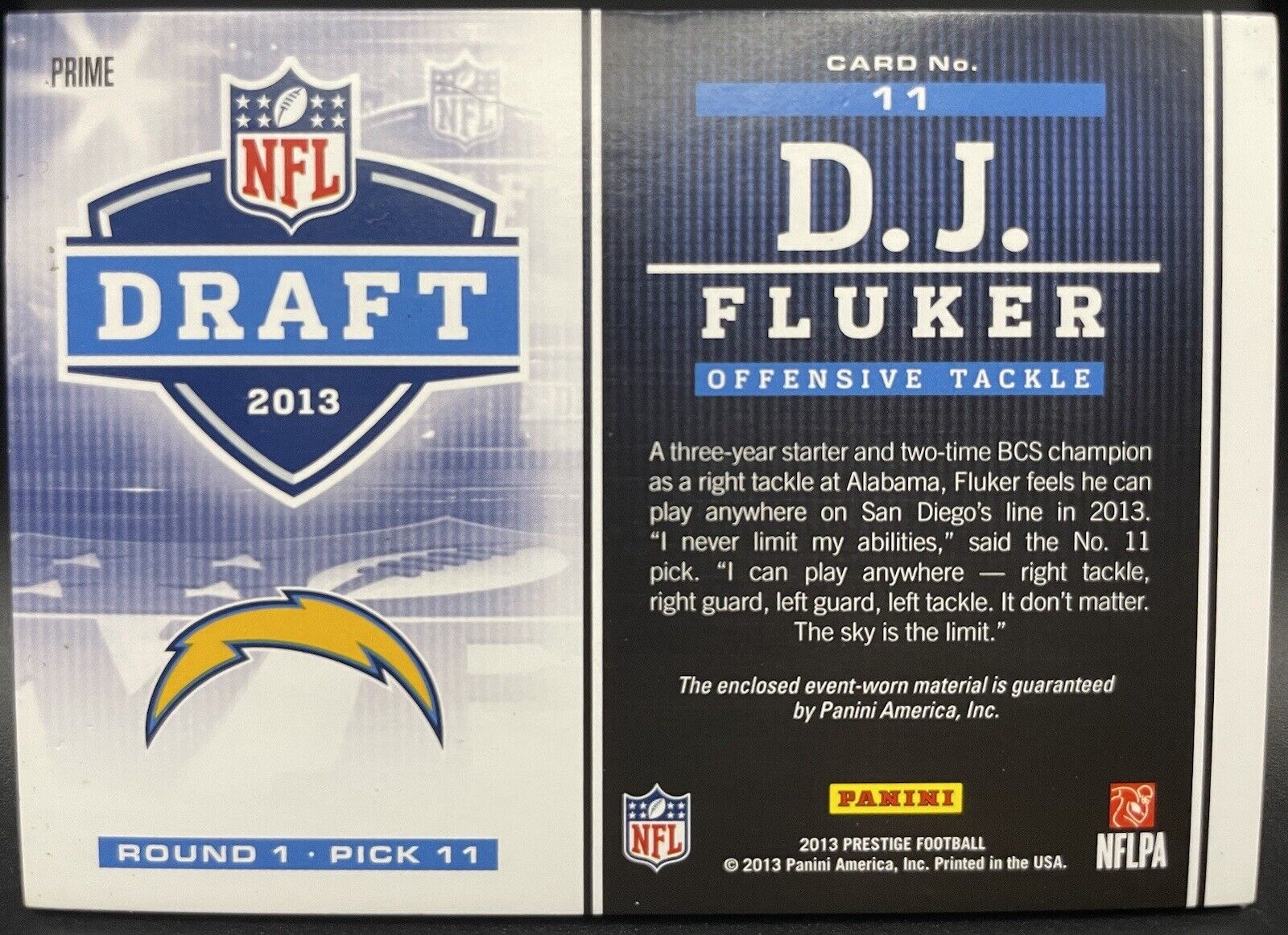 DJ Fluker 2013 Prestige Football Draft Day #11 RC Patch /25 San Diego Chargers