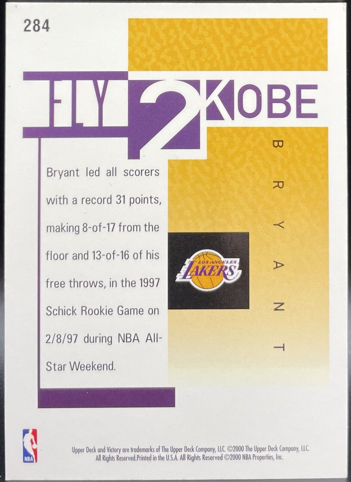 Kobe Bryant 2000 Upper Deck Victory #284 Fly 2 Los Angeles Lakers HOF