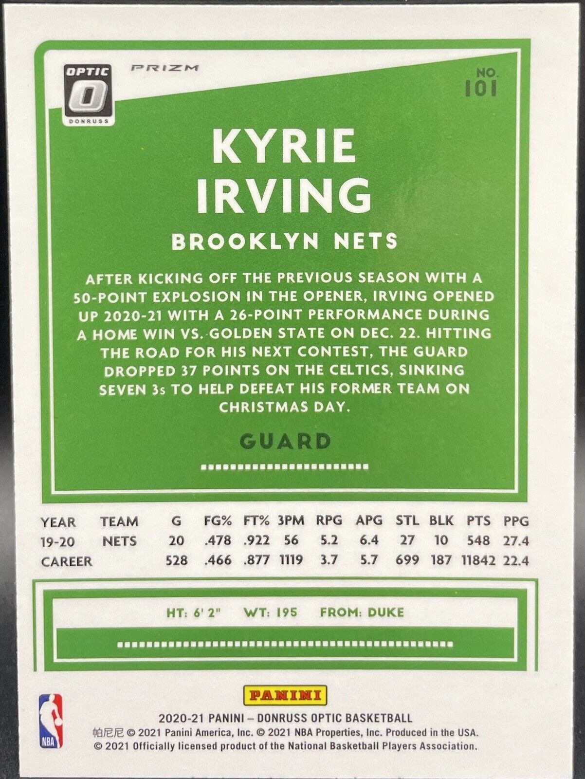 Kyrie Irving 2020 Panini Donruss Optic #101 Brooklyn Nets