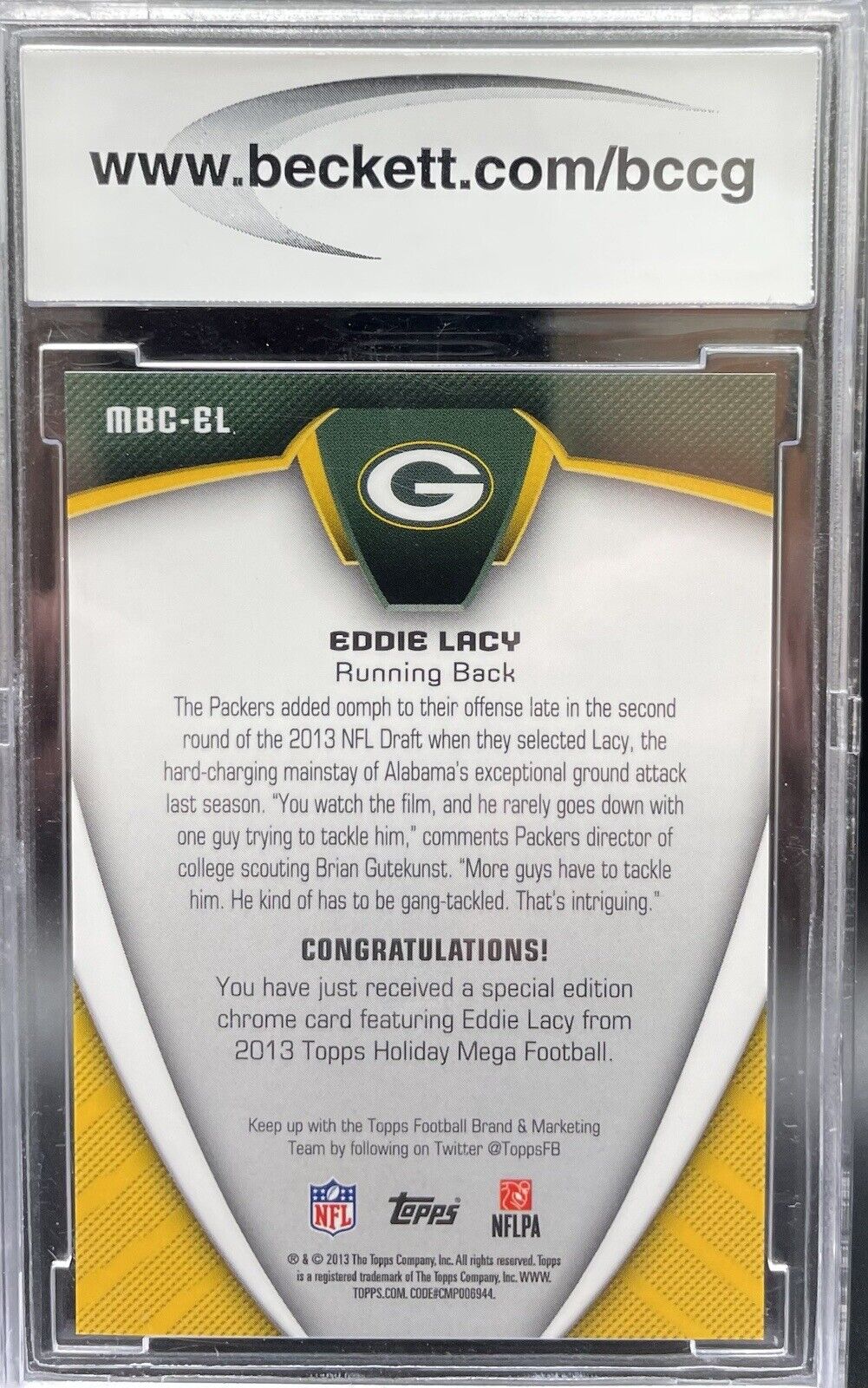 2013 Topps Eddie Lacy Refractor Rookie Card RC #MBCEL -Graded BCCG 10 