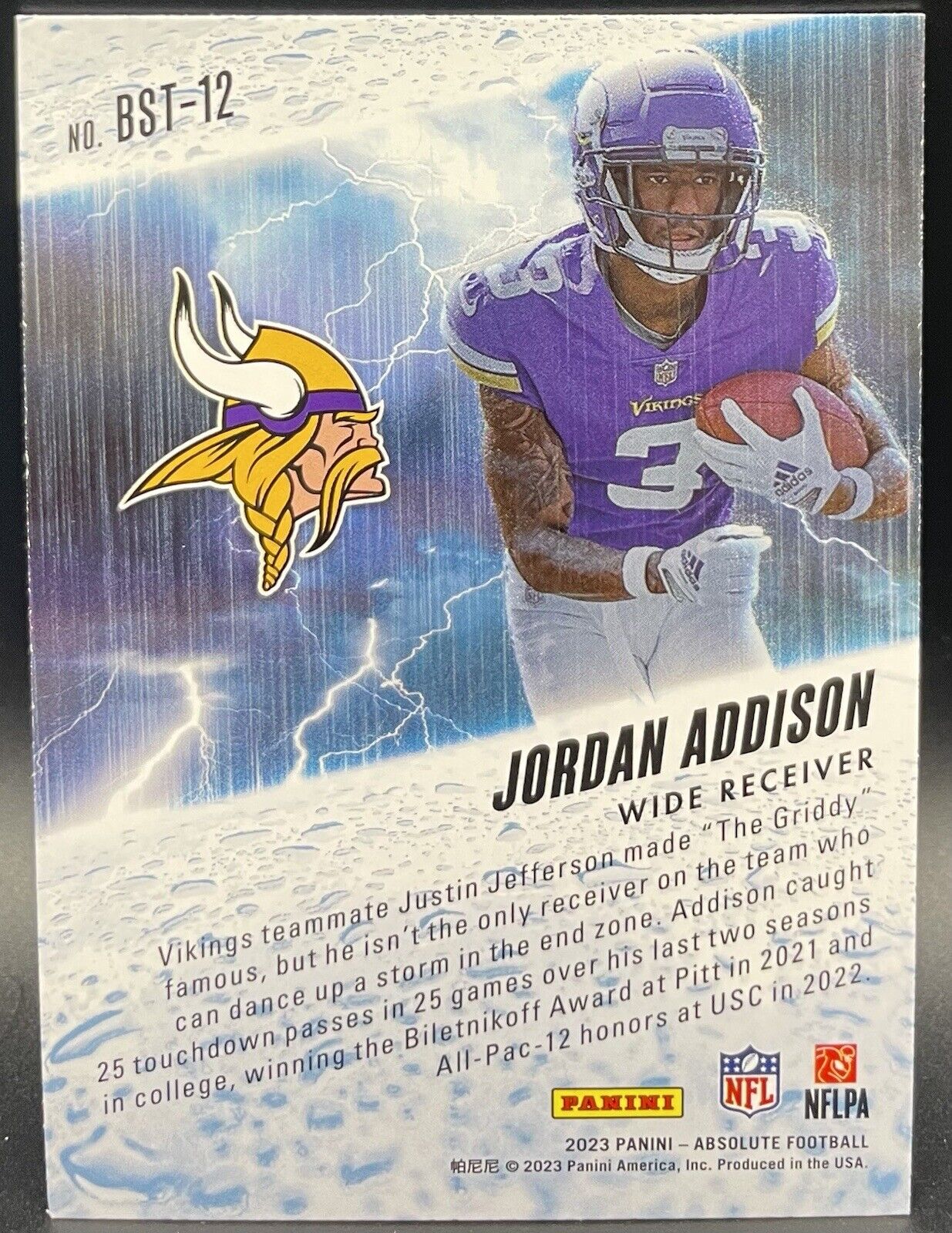 Jordan Addison 2023 Panini Absolute #BST-12 Rookie Card By Storm Minnesota...