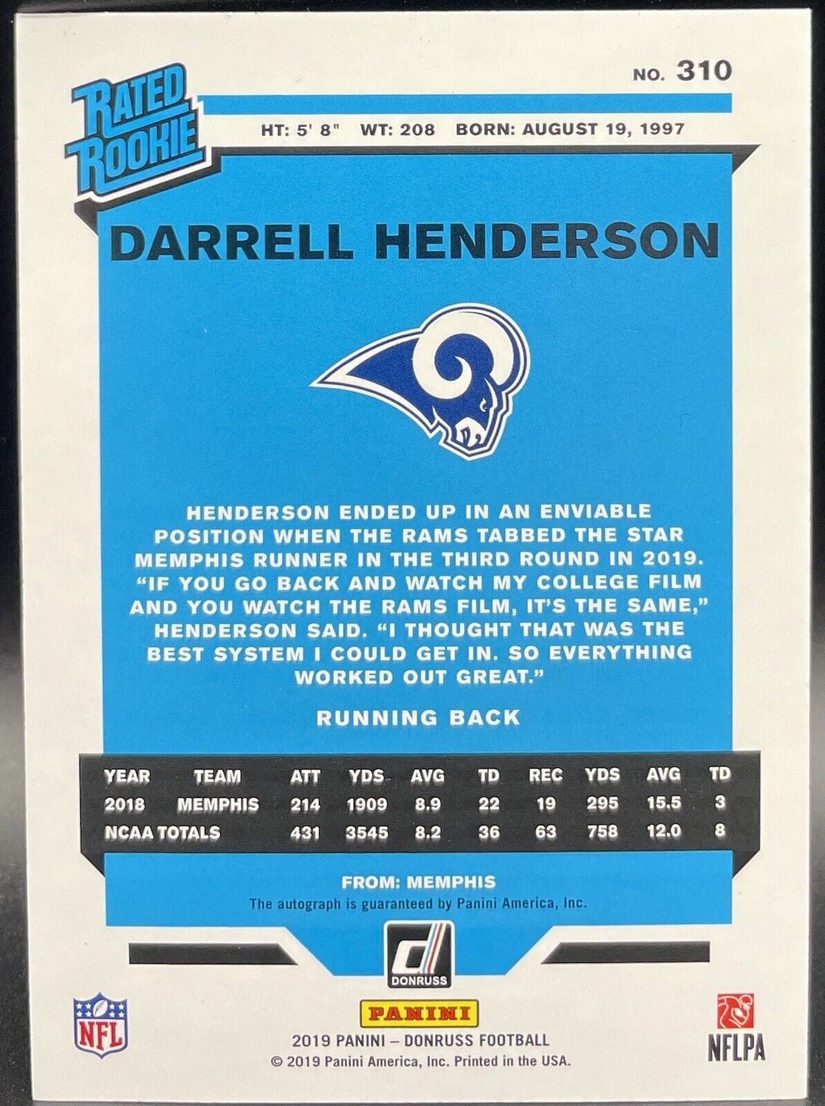 Darrell Henderson 2019 Panini Donruss #310 Gold Auto, RC , Los Angeles Rams