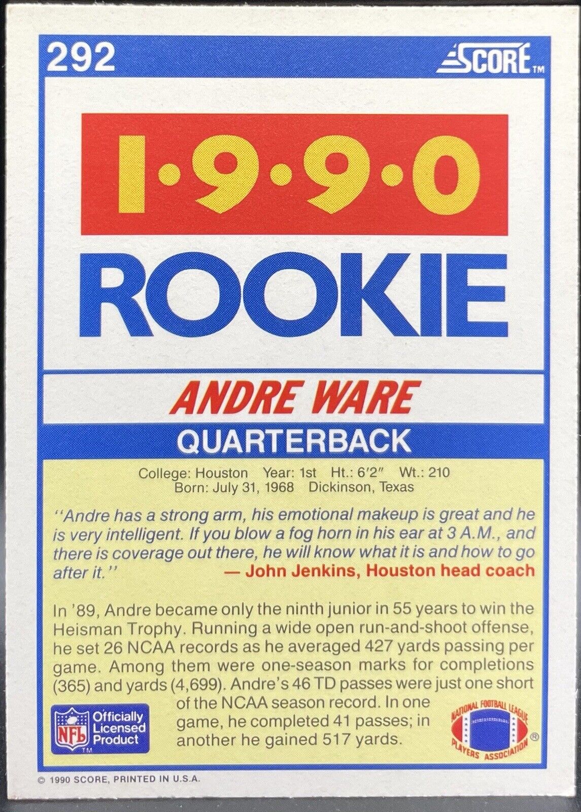 1990 Score Rookie  - #292 Andre Ware (RC) Detroit Lions ￼