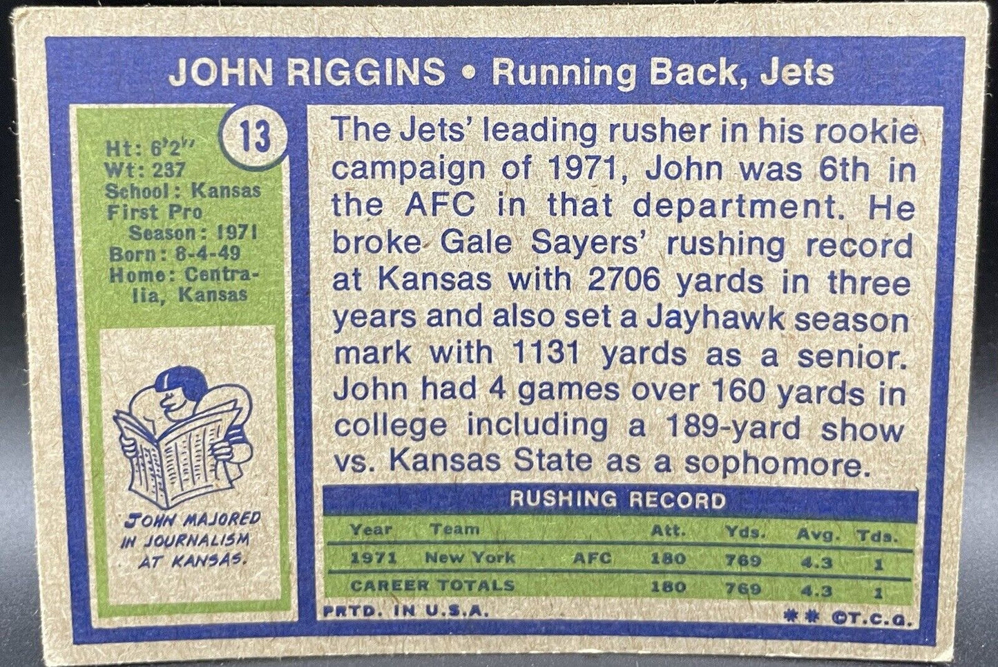 John Riggins 1972 Topps #13 HOF New York Jets Rookie Card 