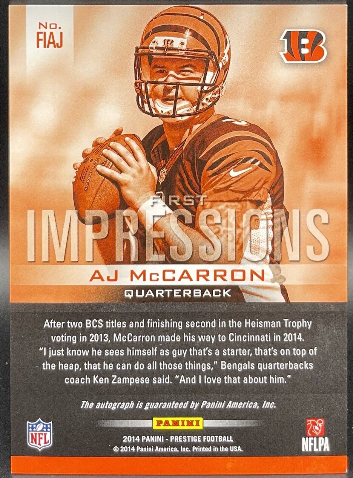 2014 Panini Prestige #FIAJ AJ McCarron First Impressions Autographs #/75 RC