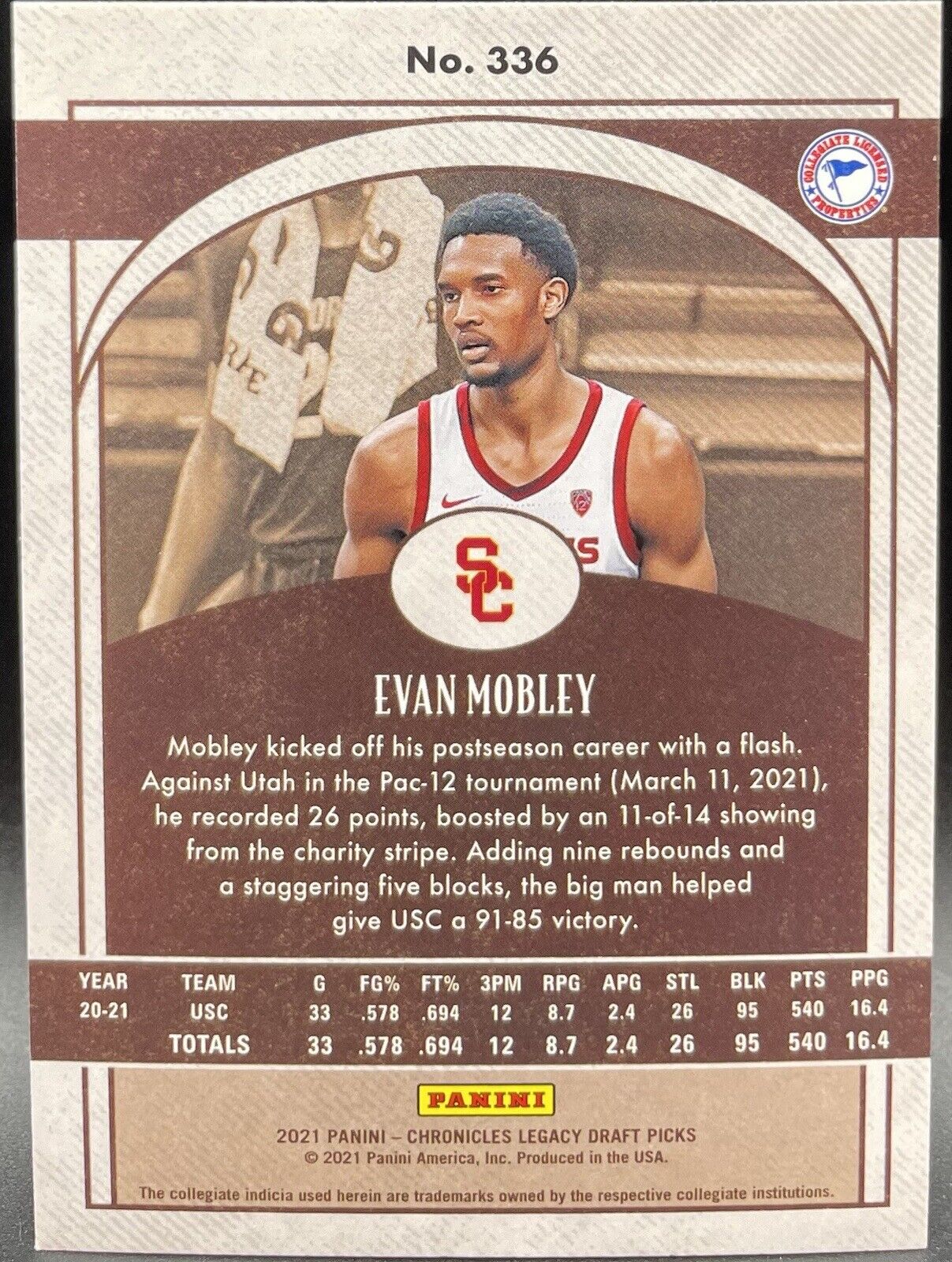 Evan Mobley 2021 PANINI CHRONICLES DRAFT PICKS LEGACY ROOKIE #336 CAVALIERS