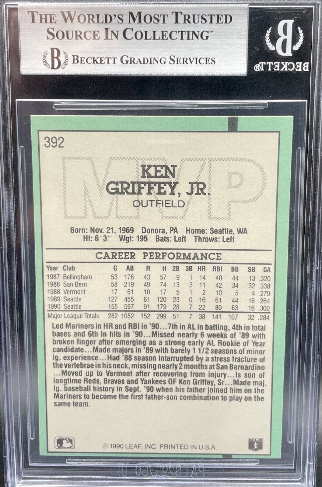 KEN GRIFFEY JR MVP 1990 Donruss #392 Seattle Mariners ERROR INC No Dot