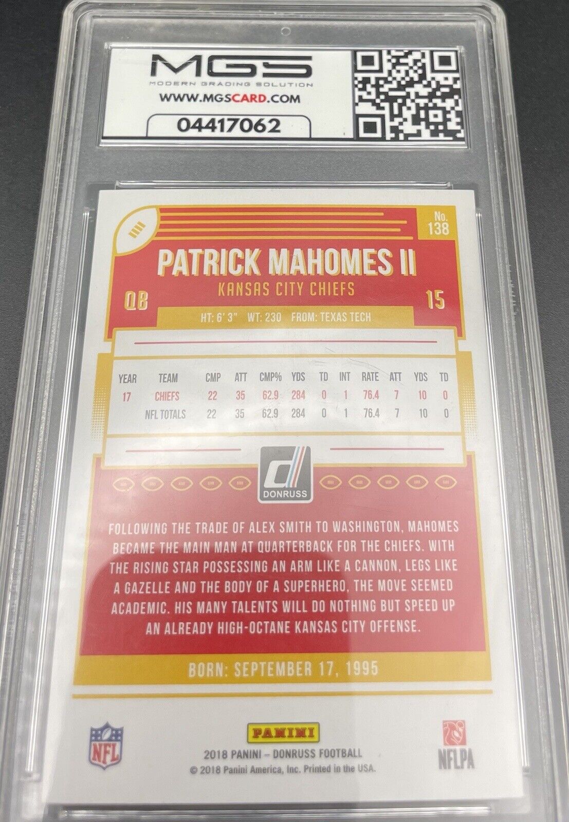 Patrick Mahomes II 2018 Panini Donruss #138 Kansas City Chiefs MGS MINT 9