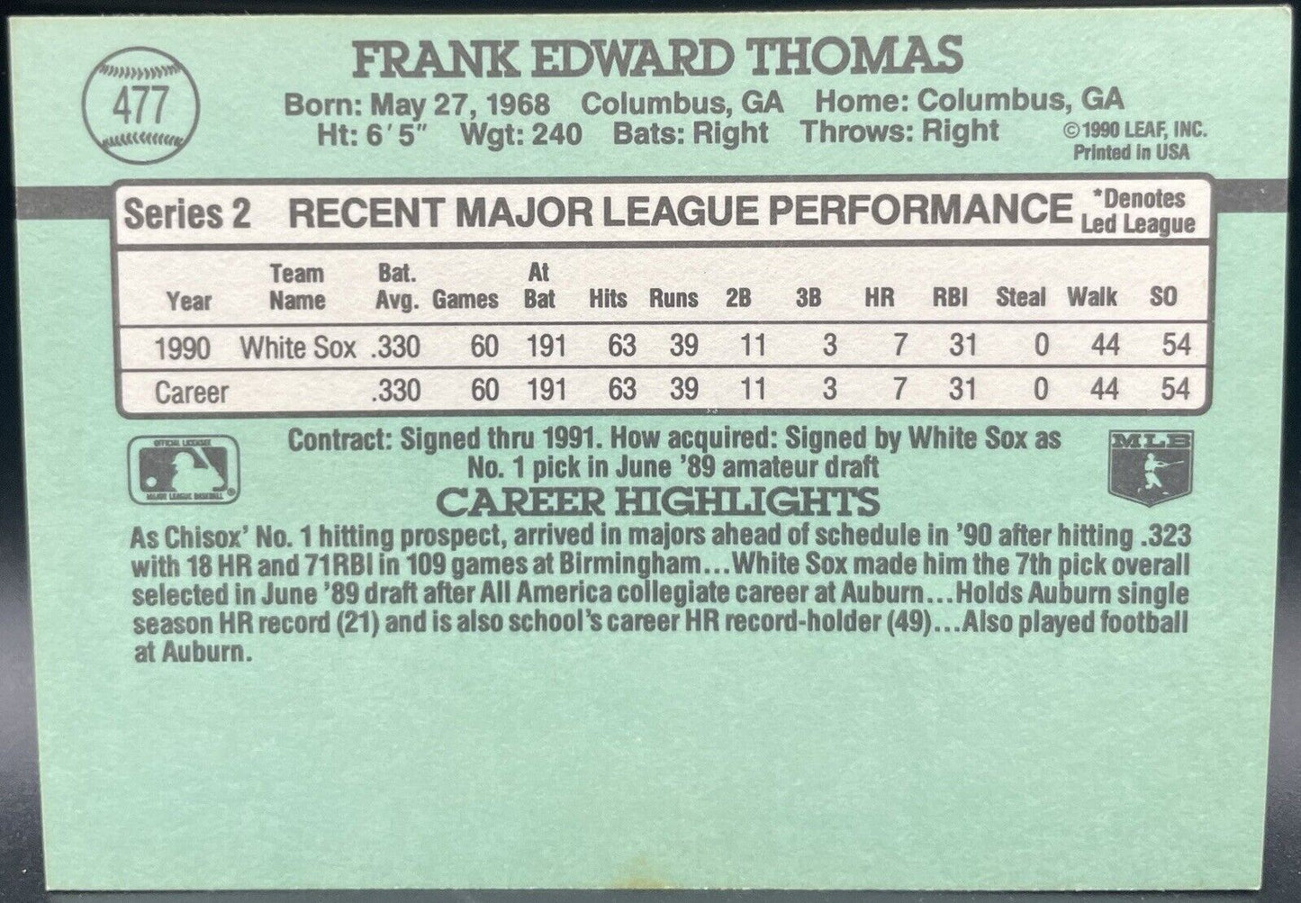 Frank Thomas 1991 Donruss #477 (RC) Season Chicago White Sox