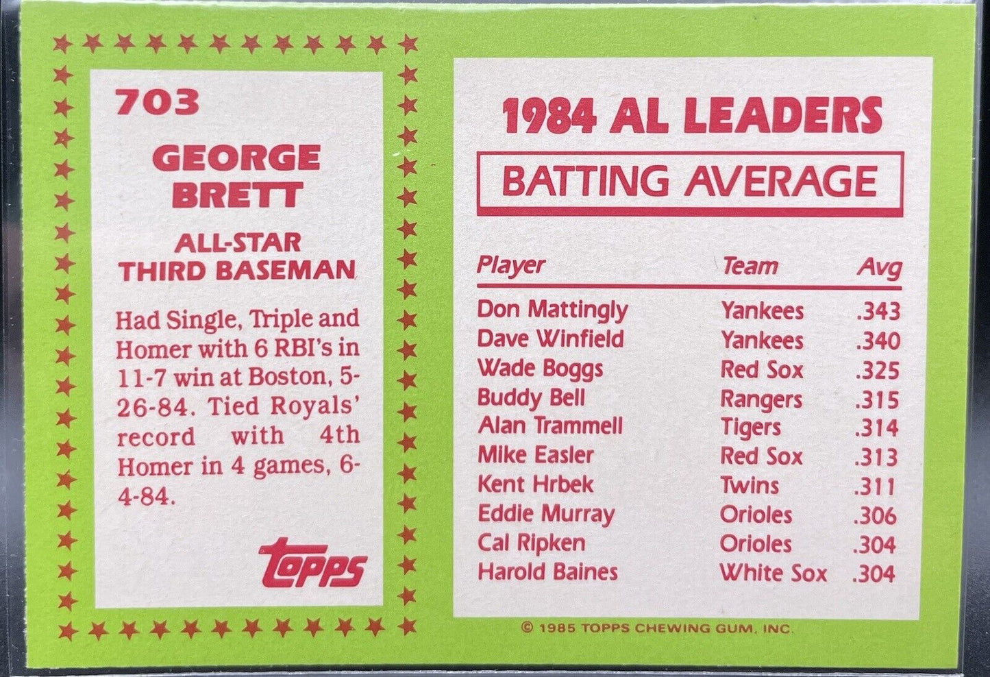 George Brett 1985 Topps Tiffany #703 Kansas City Royals All-Star