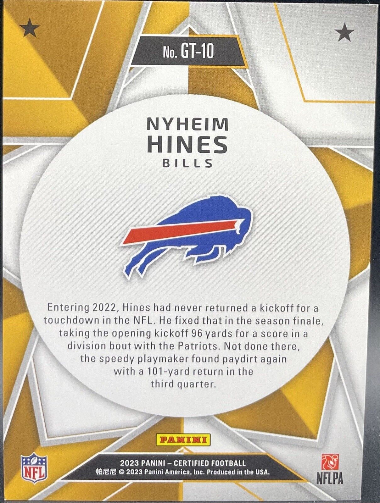 Nyheim Hines 2023 Panini Certified #GT-10 Gold Team Buffalo Bills