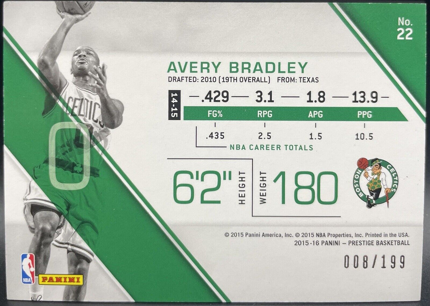 Avery Bradley 2015 Panini Prestige #22 RC, 008/199 Boston Celtics