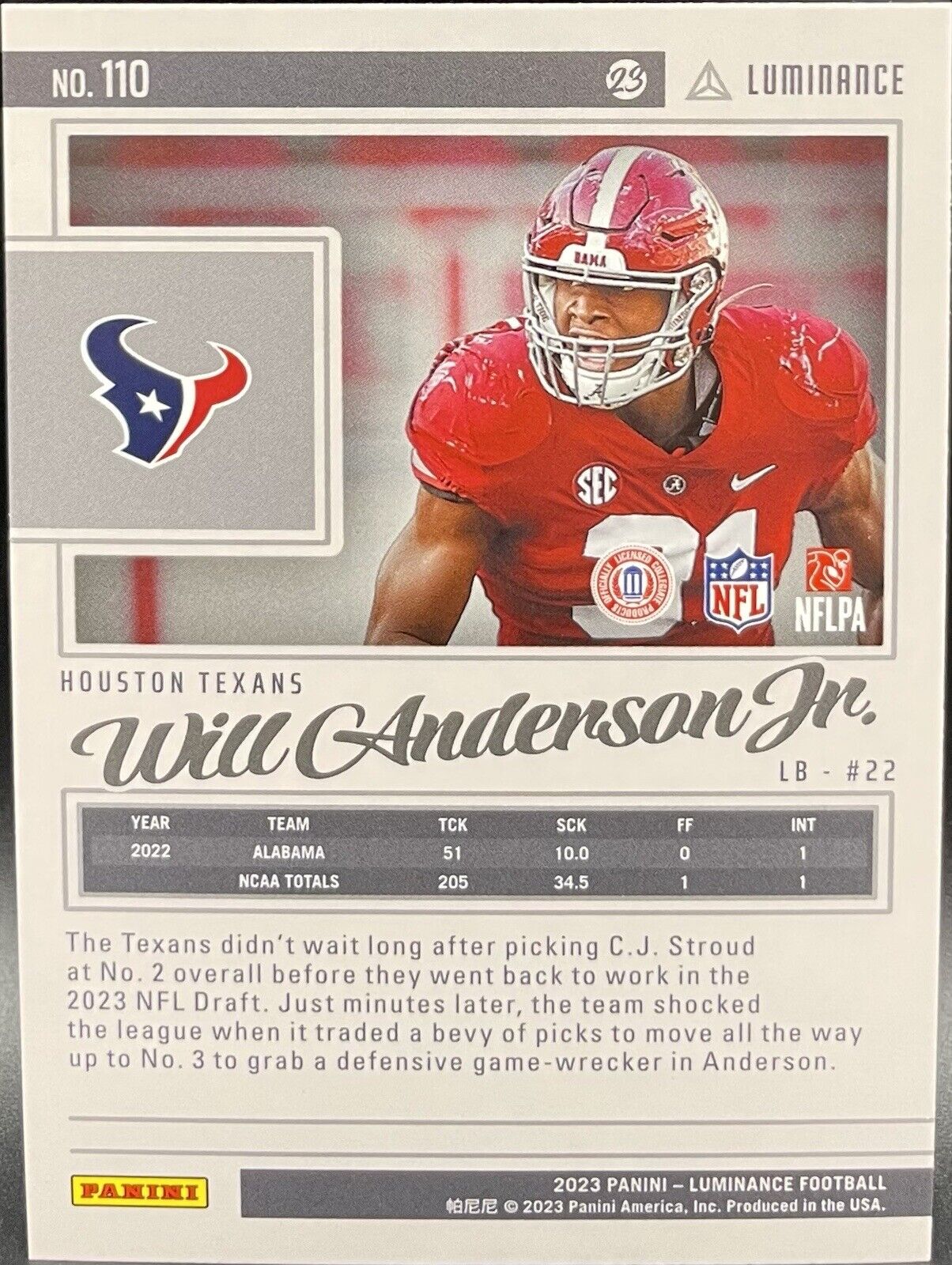 Will Anderson Jr 2023 Panini Luminance #110 Rookie Card Houston Texans