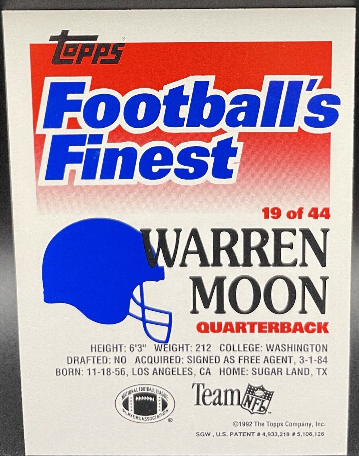 Warren Moon 1992 Topps 19 Of 44 Footballs Finest Limited Houston Oilers