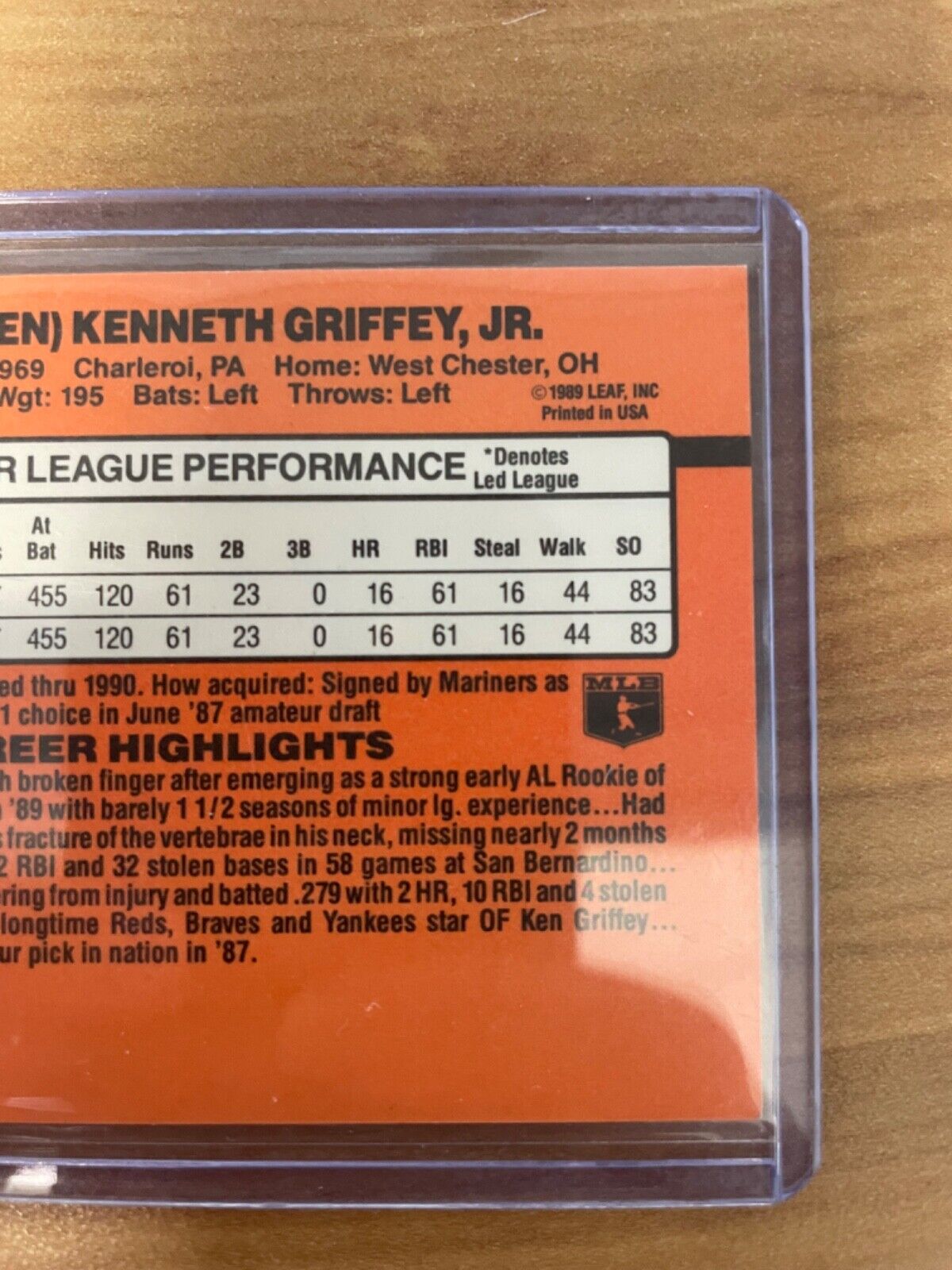 1990 Donruss Ken Griffey Jr Seattle Mariners ERROR CARD Birth Place RARE