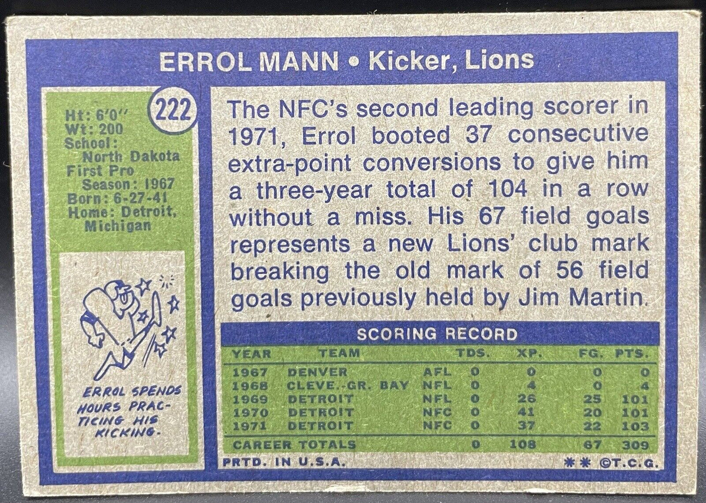 Errol Mann 1972 Topps #222 Detroit Lions