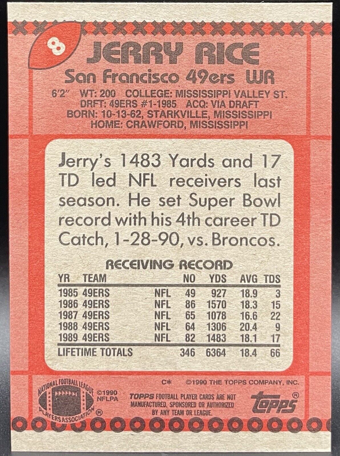 1990 Topps - #8 Jerry Rice San Francisco 49Ers All Pro ￼