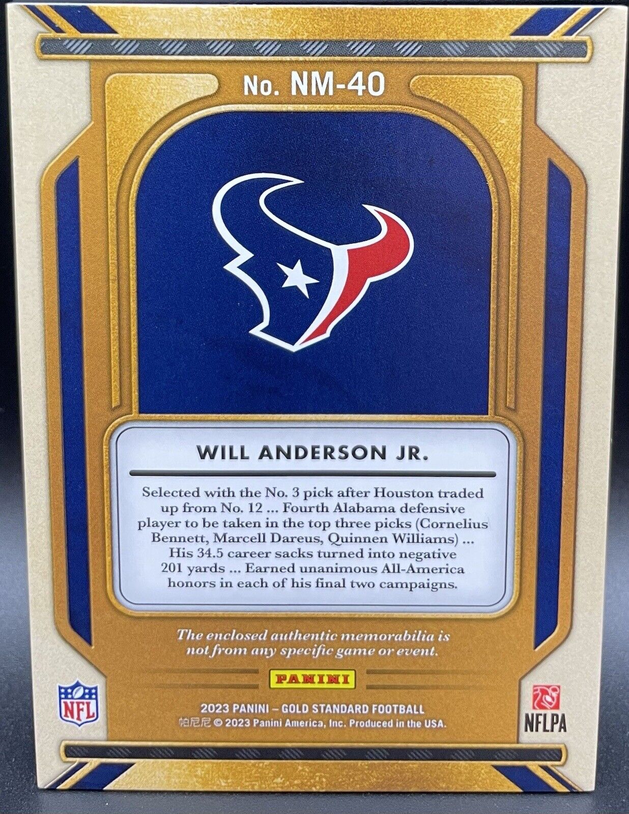 Will Anderson Jr 2023 Panini Gold Standard # NM-40 Rookie Card Patch /399...