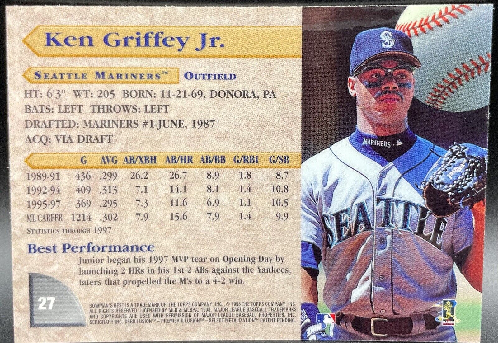 1998 Bowmans Best Ken Griffey Jr  #27 GREAT CONDITION Rare Card 💥🔥🔥💥