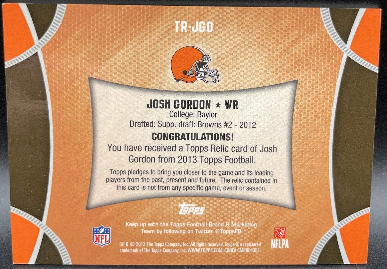 Josh Gordon 2013 Topps #TR-JGO PATCH Cleveland Browns