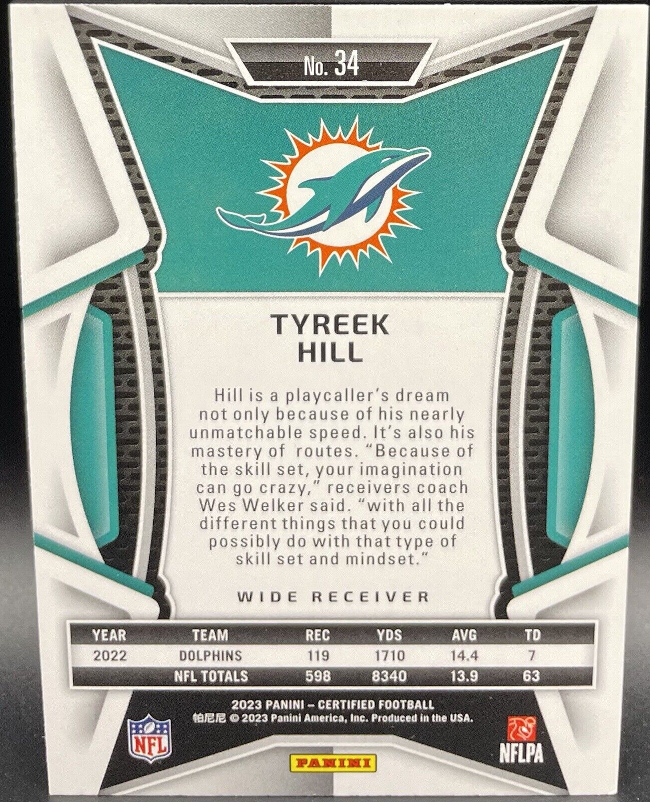 Tyreek Hill 2023 Panini Certified #34 Miami Dolphins