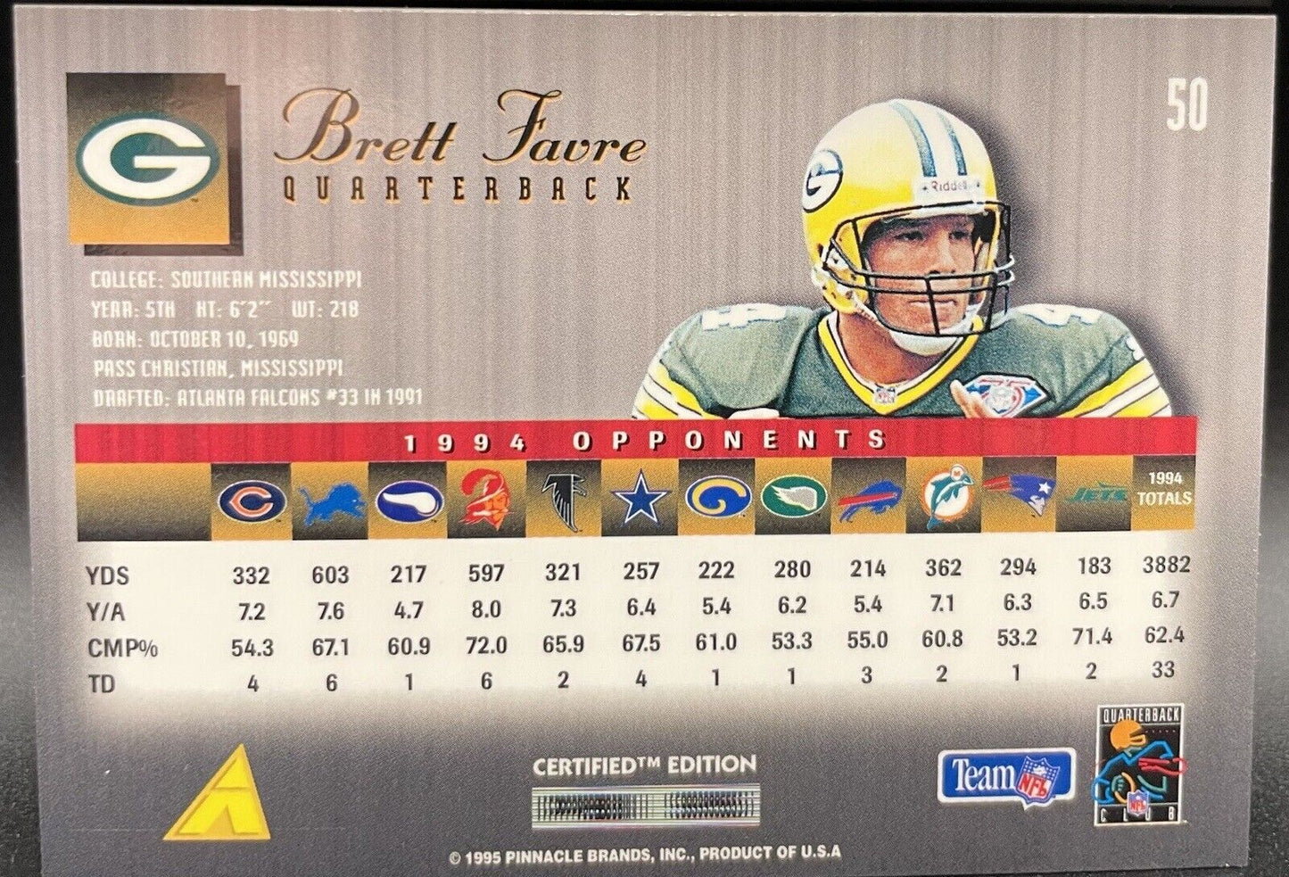 Brett Favre Green Bay Packers 1995 Pinnacle Select Certified Card #50