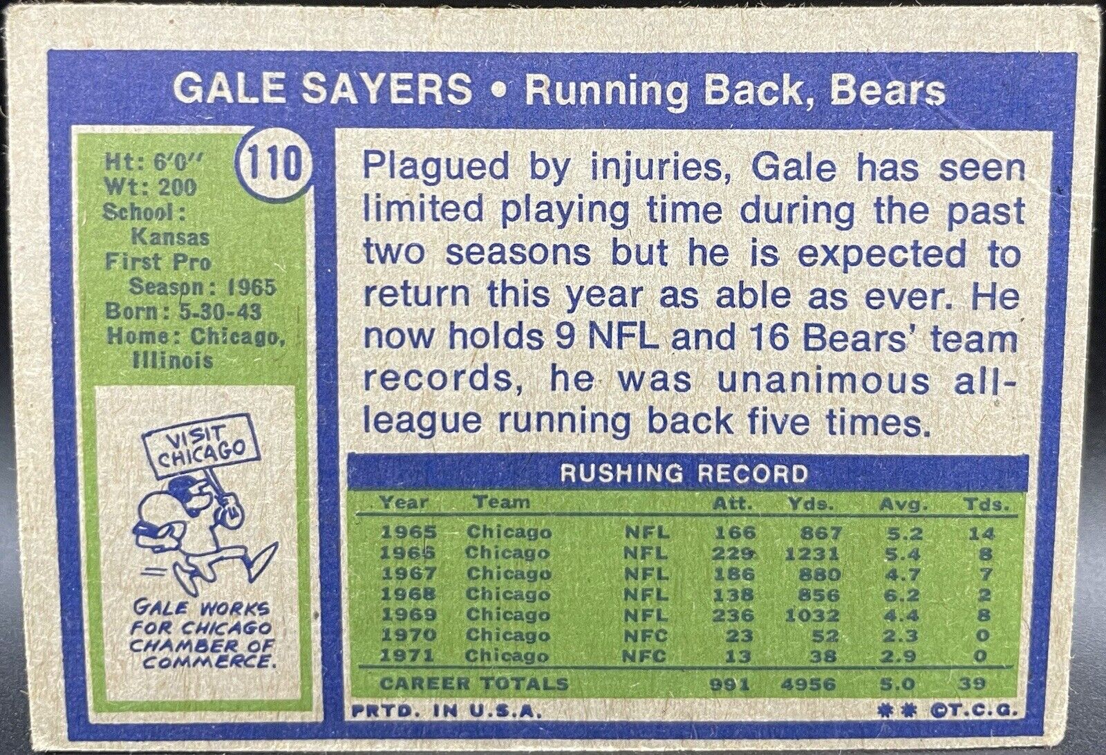 Gale Sayers 1972 Topps #110 Chicago Bears Running Back HOF 