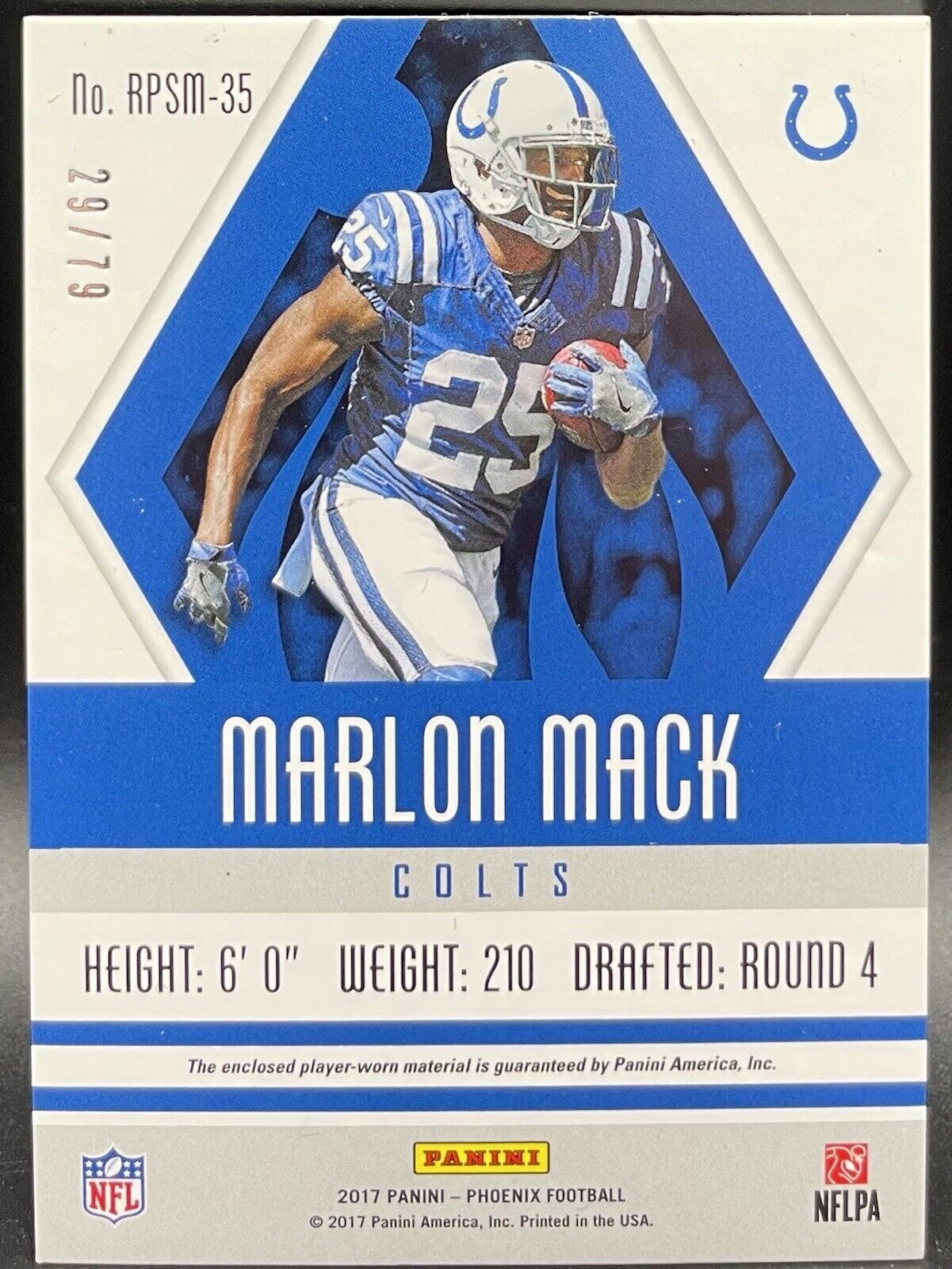 Marlon Mack  2017 Panini Phoenix # RPSM-35 Patch, 29/79 Indianapolis Colts￼