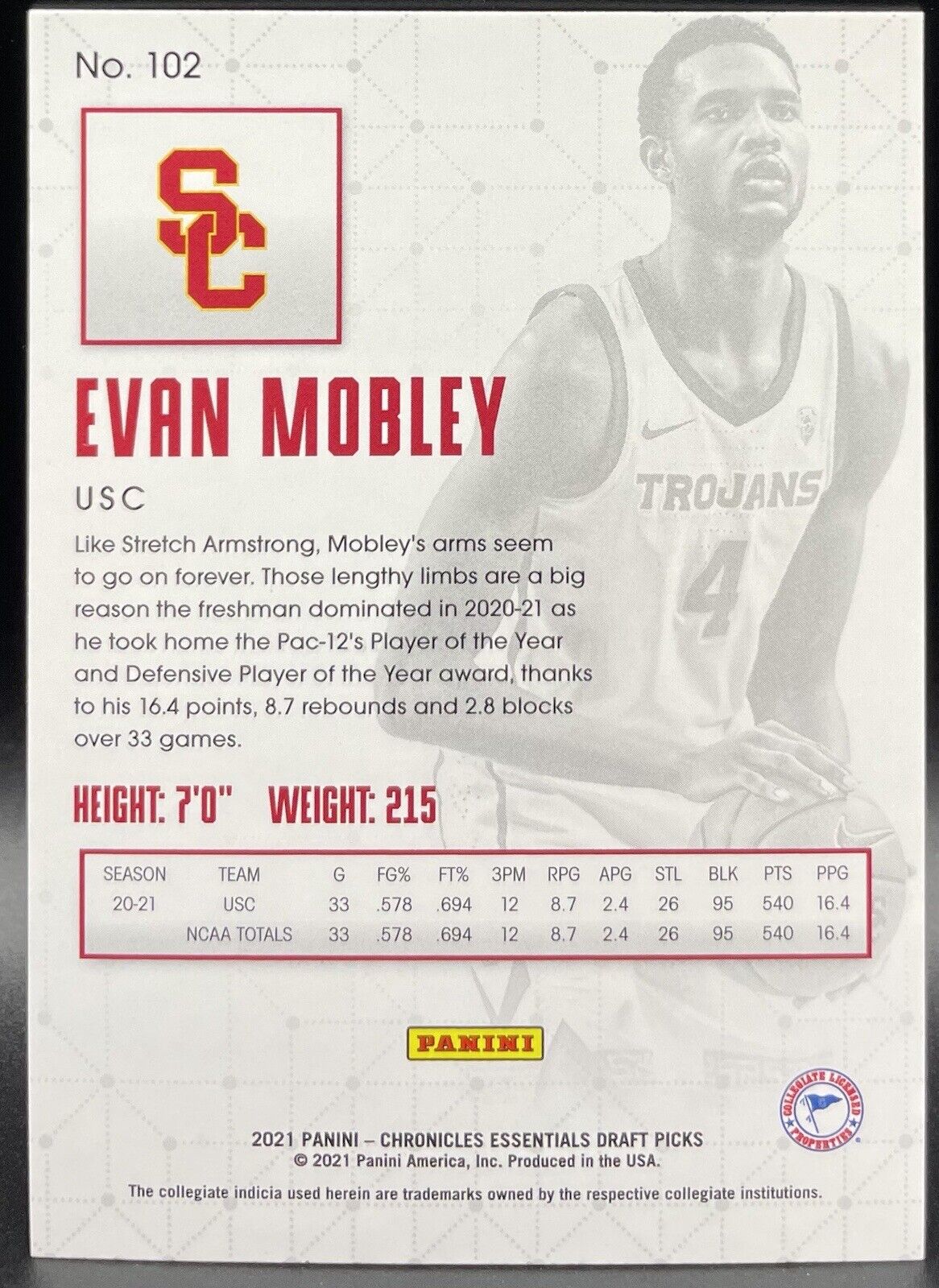 Evan Mobley Rookie RC 2021 Panini CHRONICLES Essentials No 102 Cavaliers