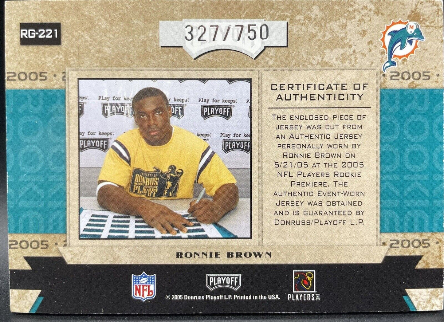 Ronnie Brown 2005 Donruss Playoff Honors #RG-221 Patch /750 RC Miami Dolphins