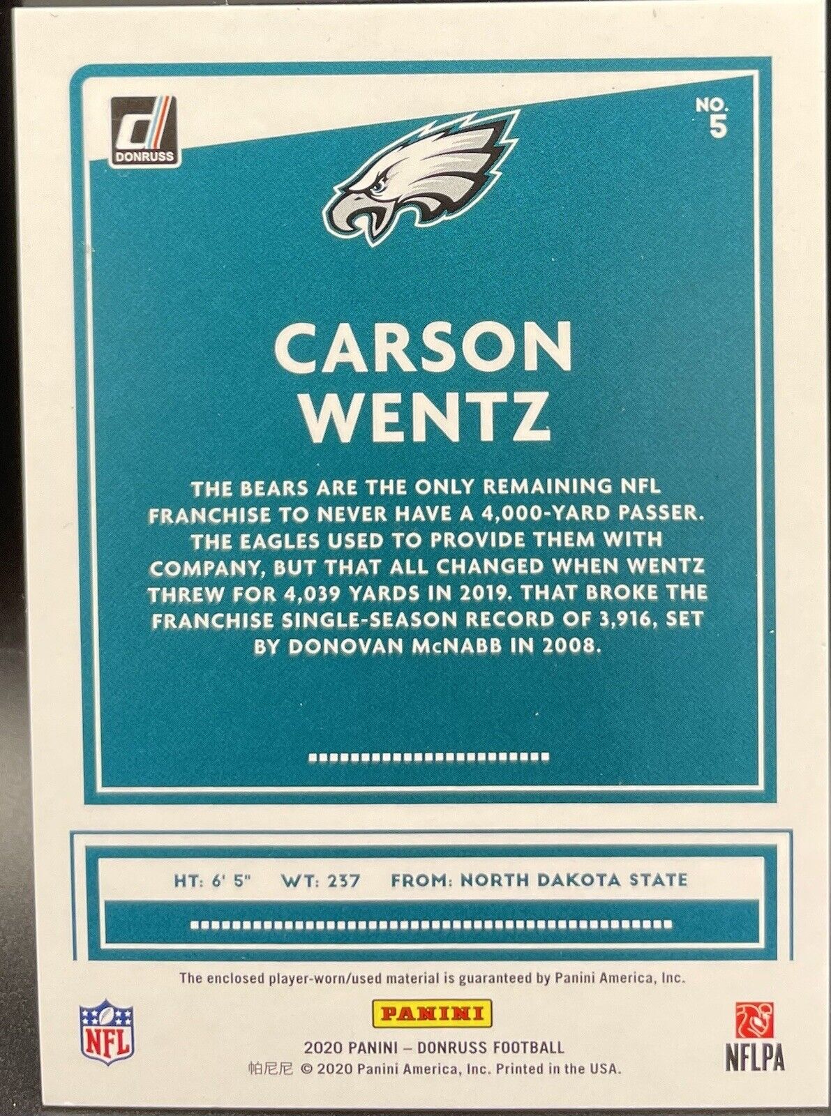 Carson Wentz 2020 Panini Donruss #5 Patch Philadelphia Eagles