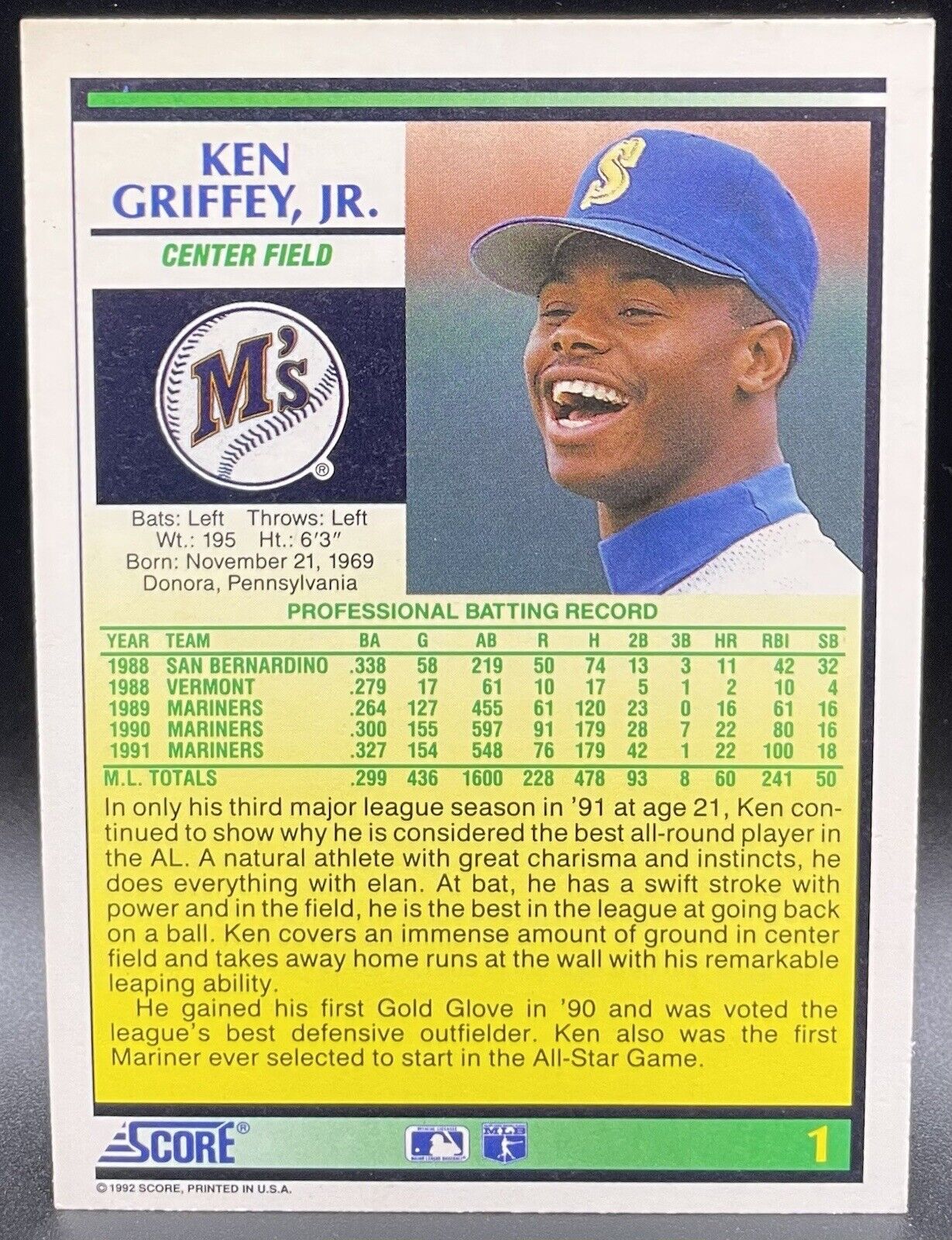 1992 Score Ken Griffey Jr. #1 Seattle Mariners Center Fielder ⚾️🔥⚾️