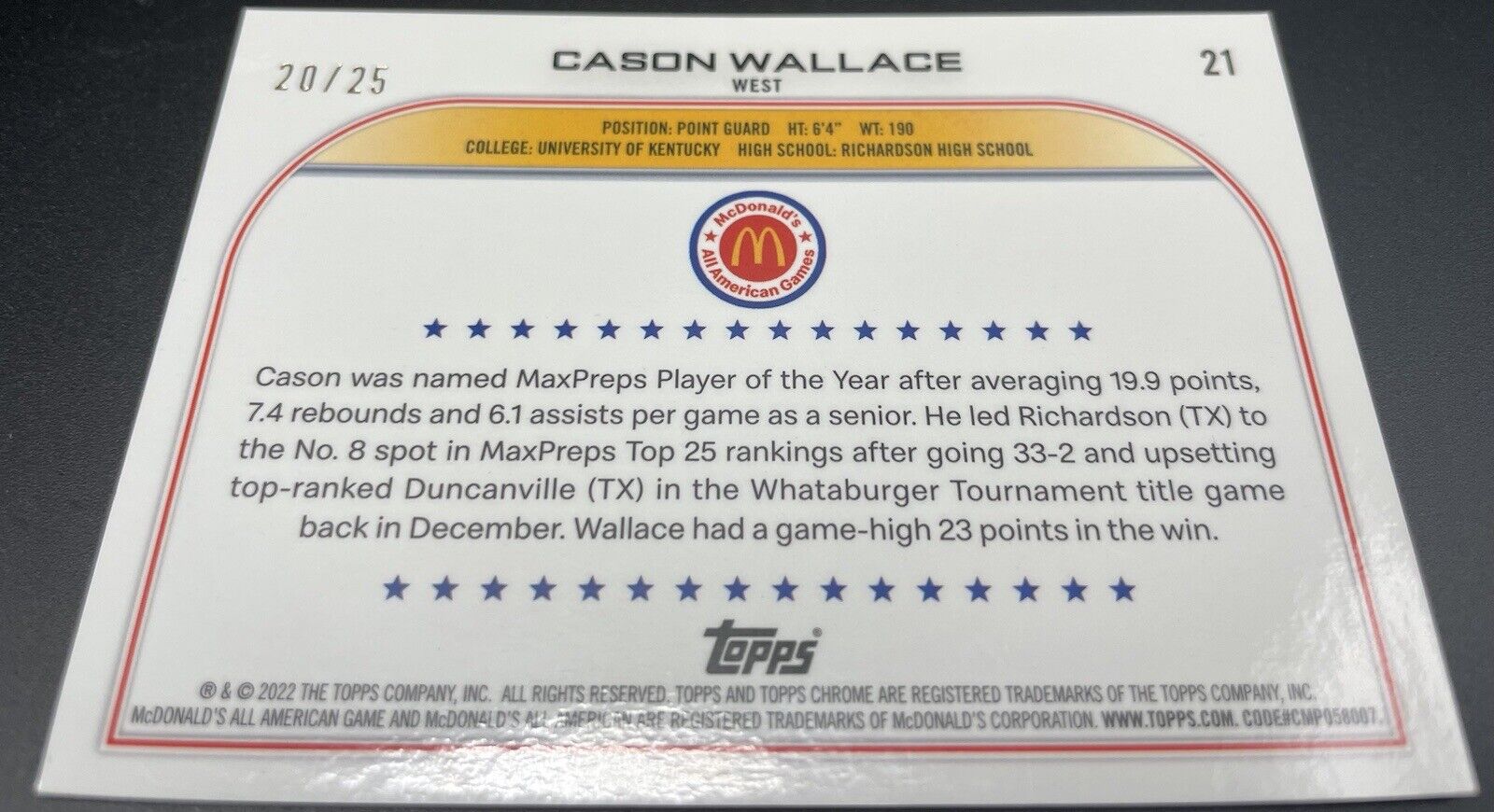 Cason Wallace 2022 Topps Chrome Orange #21 All-American 20/25 McDonald’s