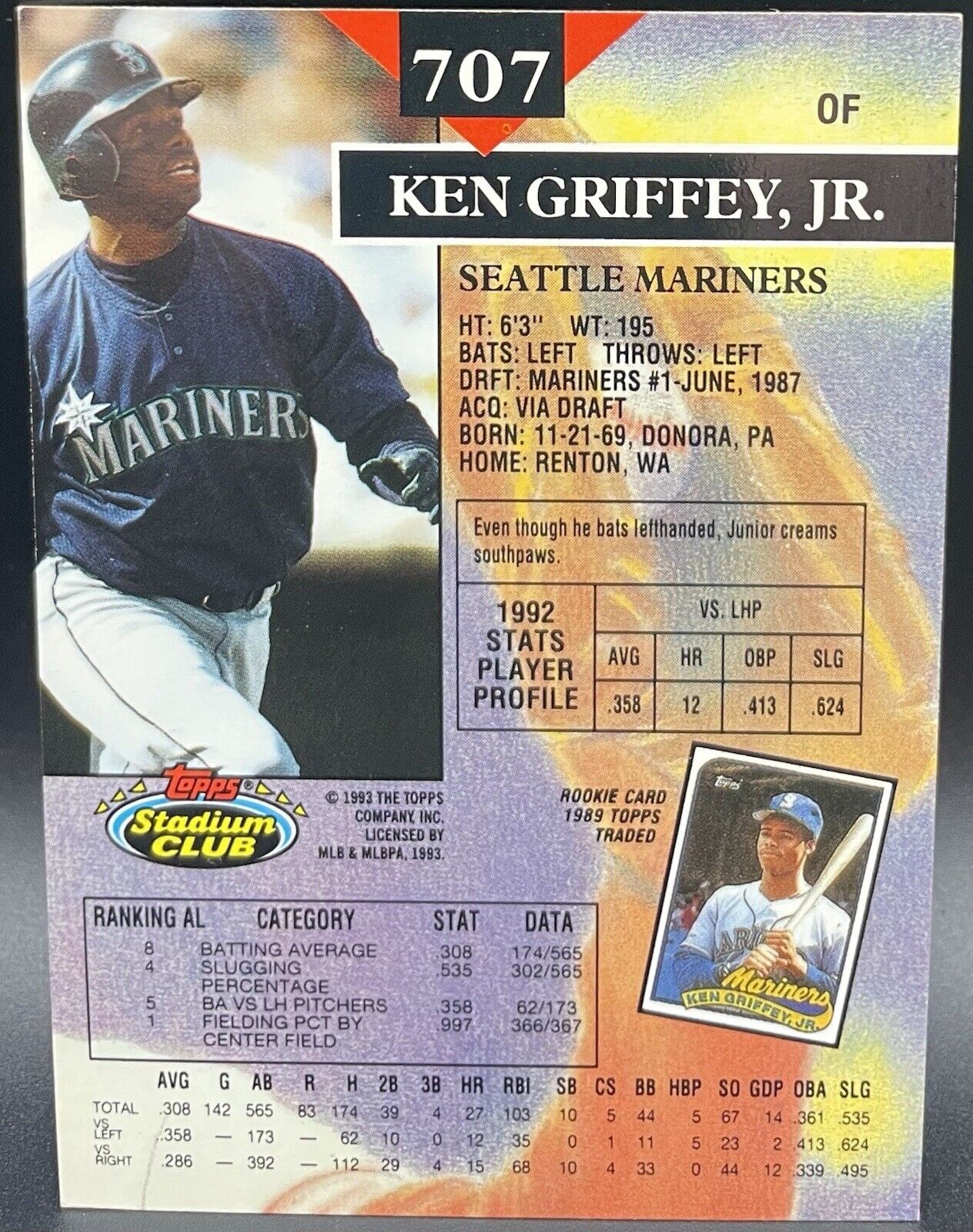 Ken Griffey Jr  1993 Topps Stadium Club #707 Seattle Mariners HOF NM