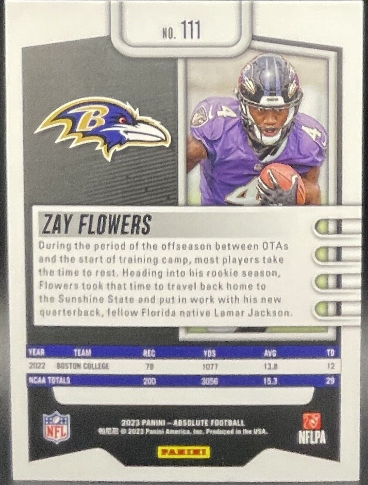 Zay Flowers 2023 Panini Absolute #111 Rookie Card Baltimore Ravens Chrome