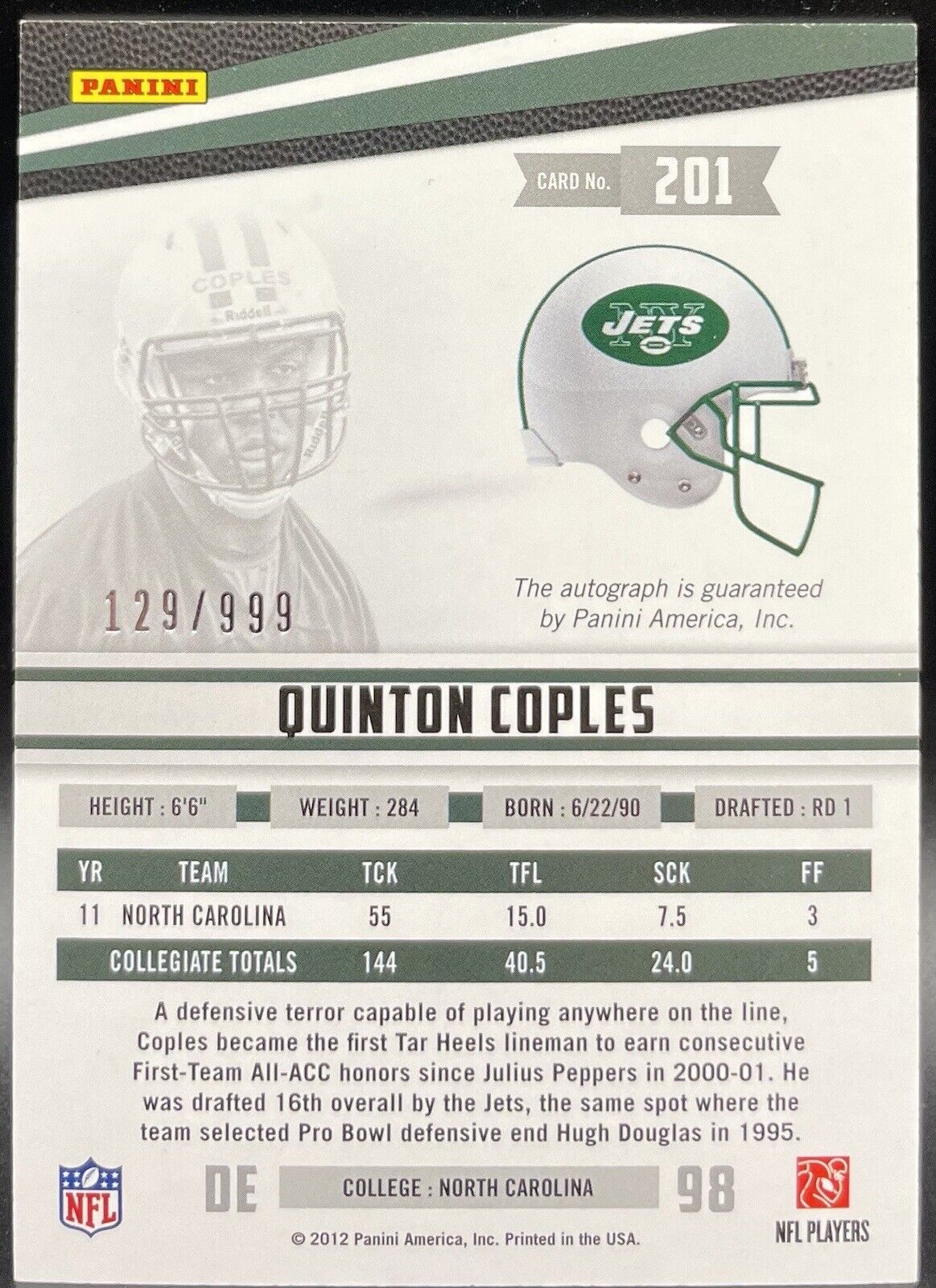 Quinton Coples 2012 Panini #201 RC, Autographed, 129/999 New York Jets