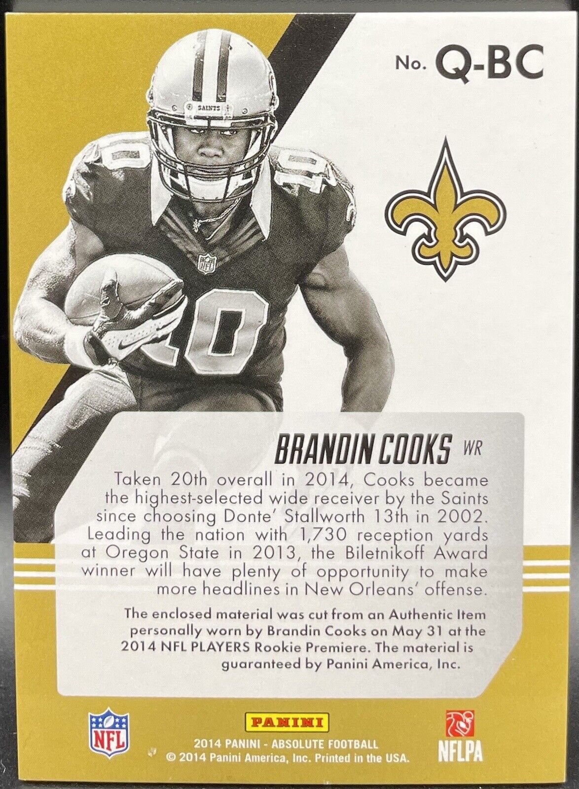 Brandin Cooks 2014 Panini Absolute #Q-BC RC, 222/249, Quad Patch Saints 