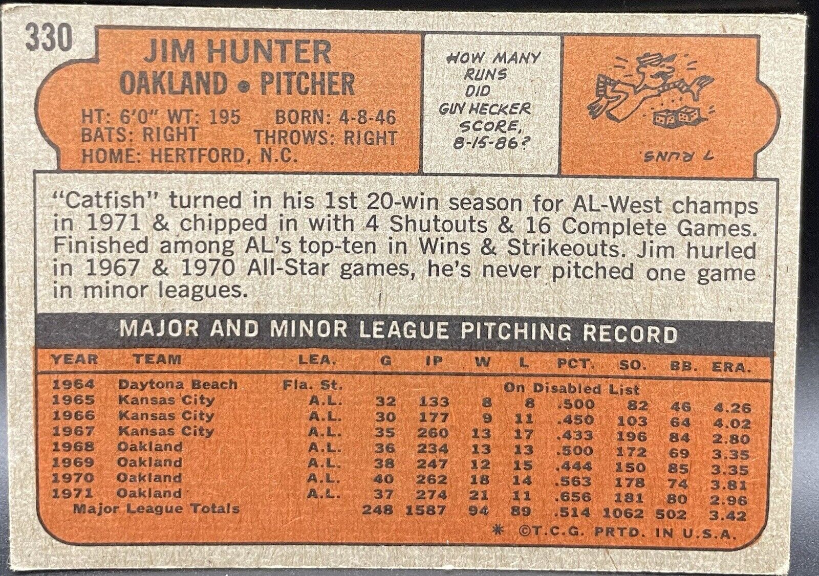 Jim Hunter 1972 Topps #330 1972 World Series Champions Oakland Athletics