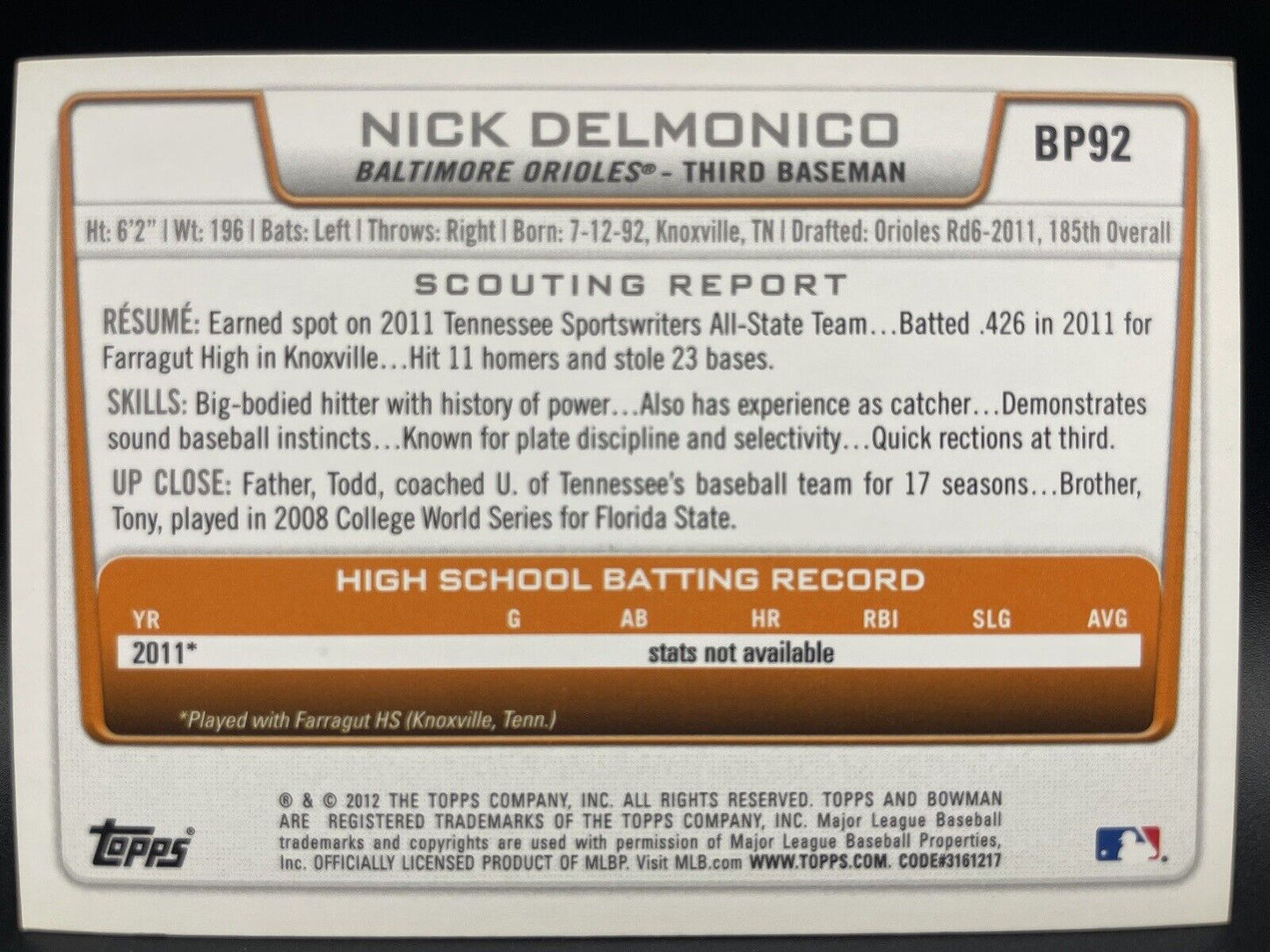 Nick Delmonico 2012 Topps Bowman America #BP92 Baltimore Orioles 