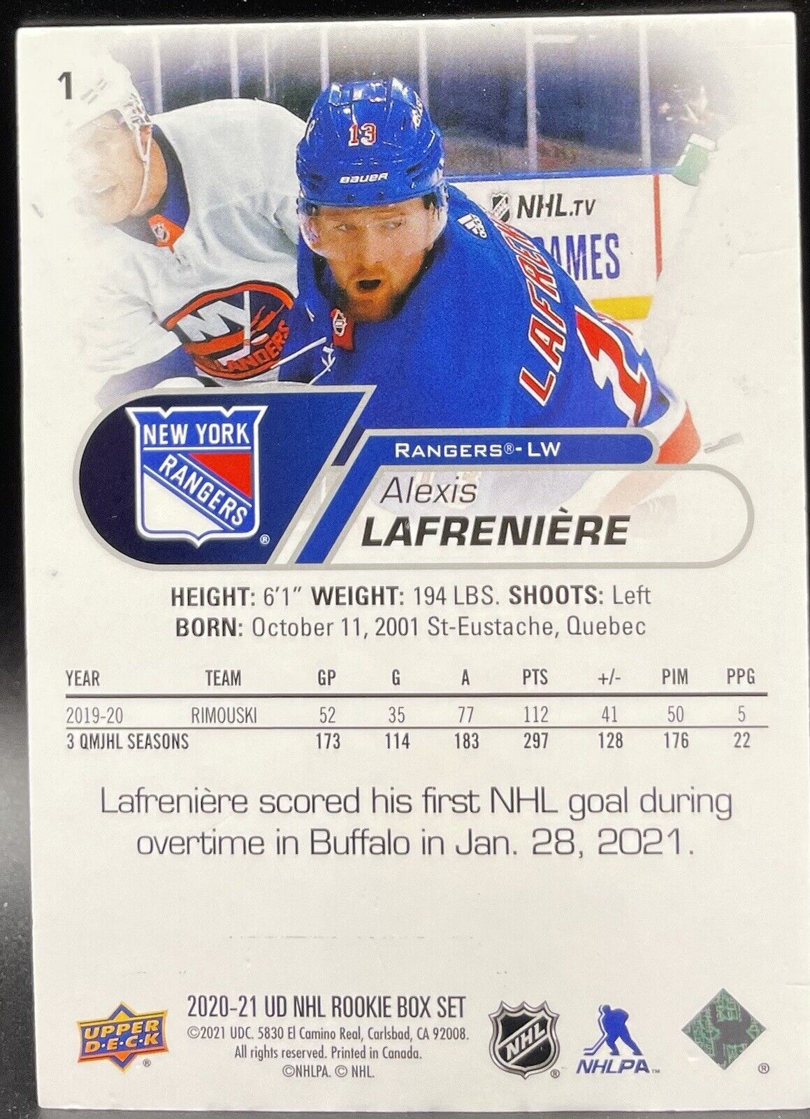 2020-21 Upper Deck NHL Rookie Box Set - #1 Alexis Lafreniere (RC)