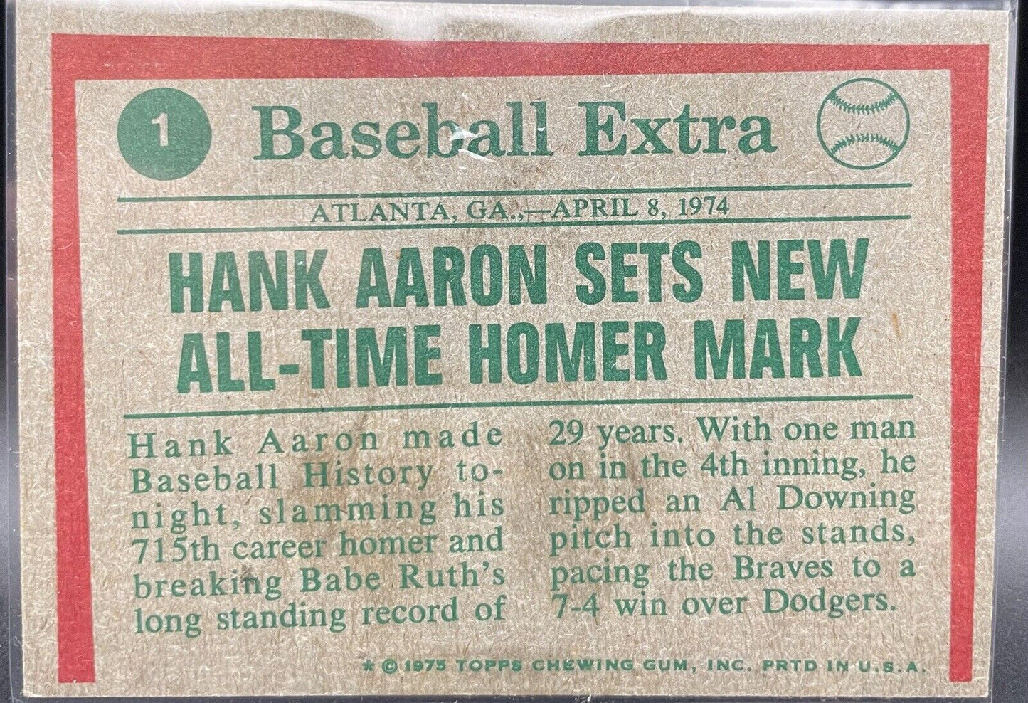 Hank Aaron 1975 Topps #1 1974 Highlights Aaron Says Home Run Marc HOF 