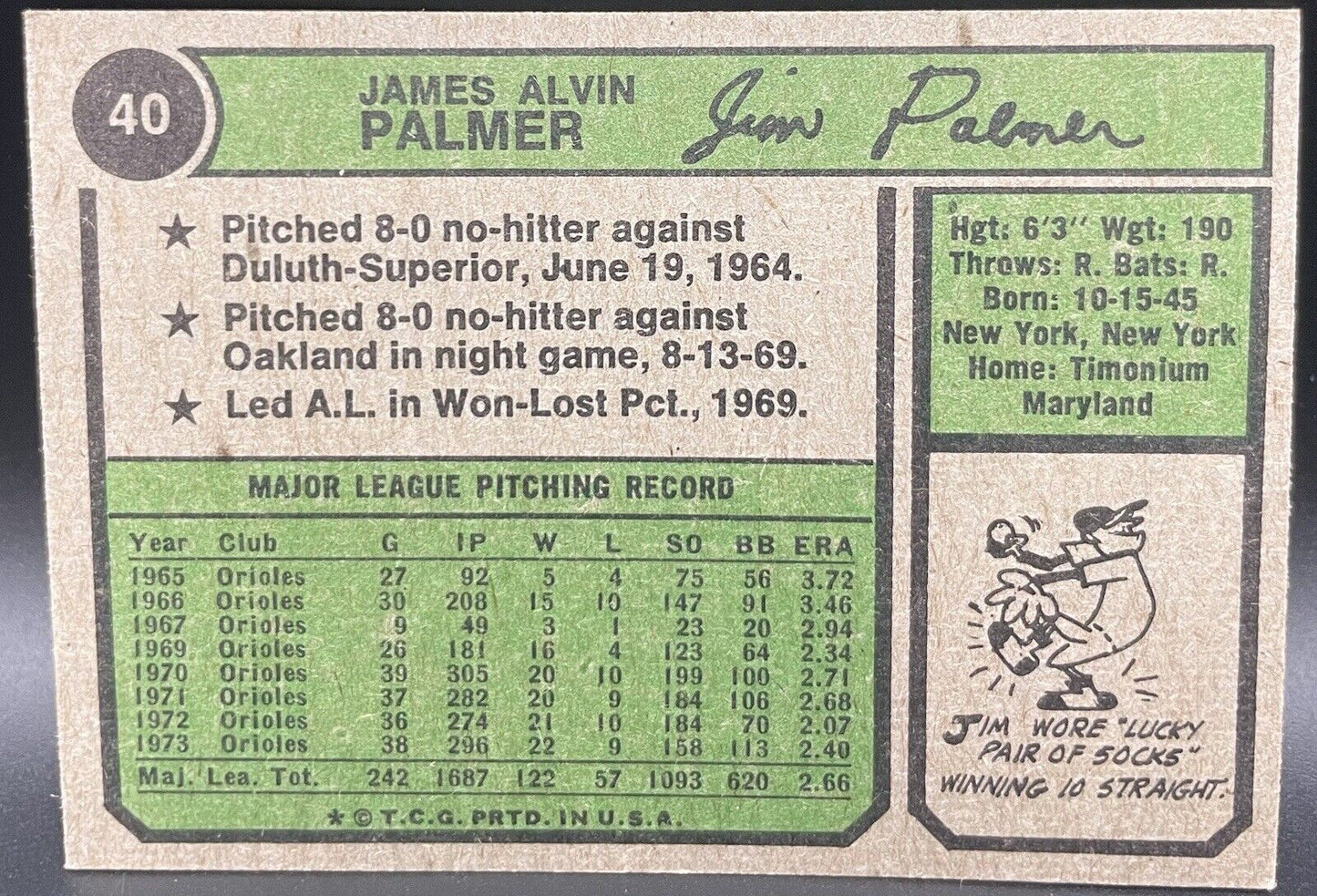 Jim Palmer 1974 Topps #40 Baltimore Orioles HOF 