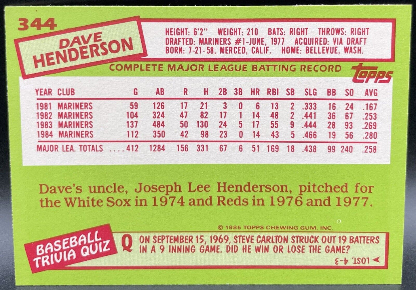 1985 Topps Tiffany Dave Henderson Seattle Mariners #344 ⚾