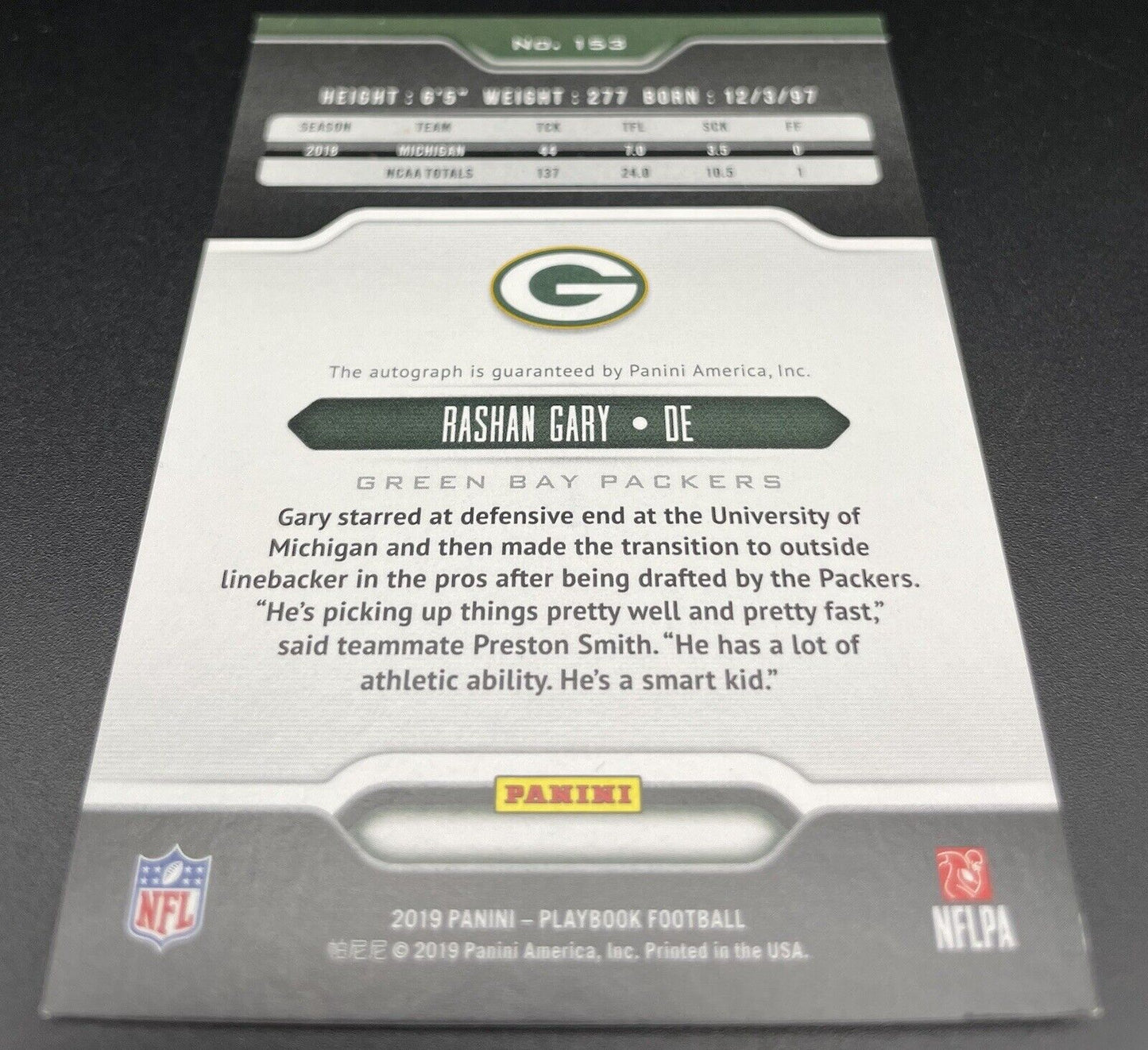 Rashan Gary  2019  Panini Playbook #153 RC Autograph Green Bay Packers￼